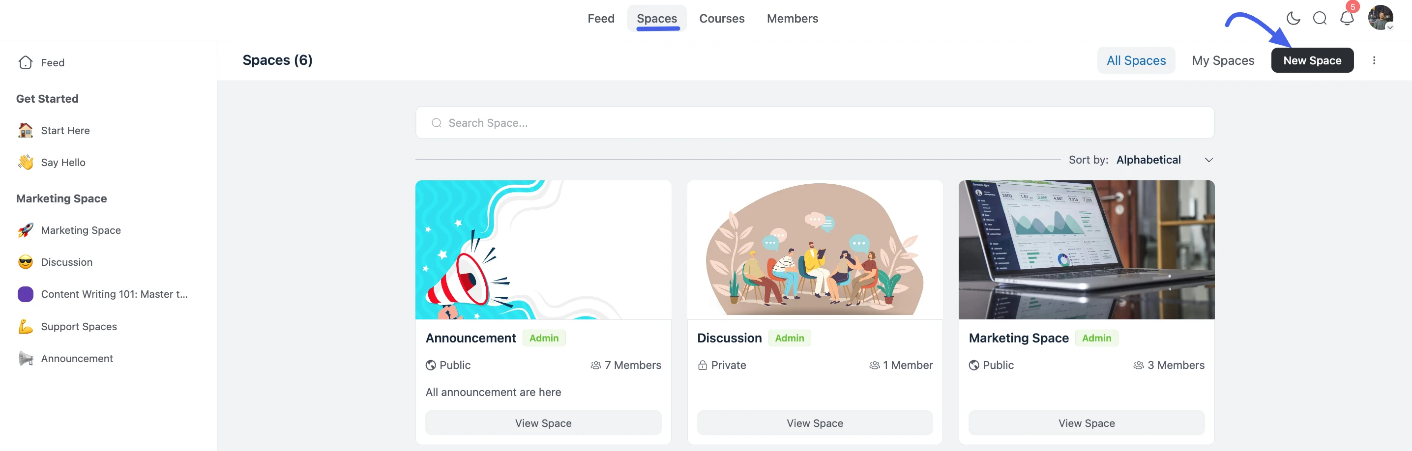 New Space button on the All Spaces page