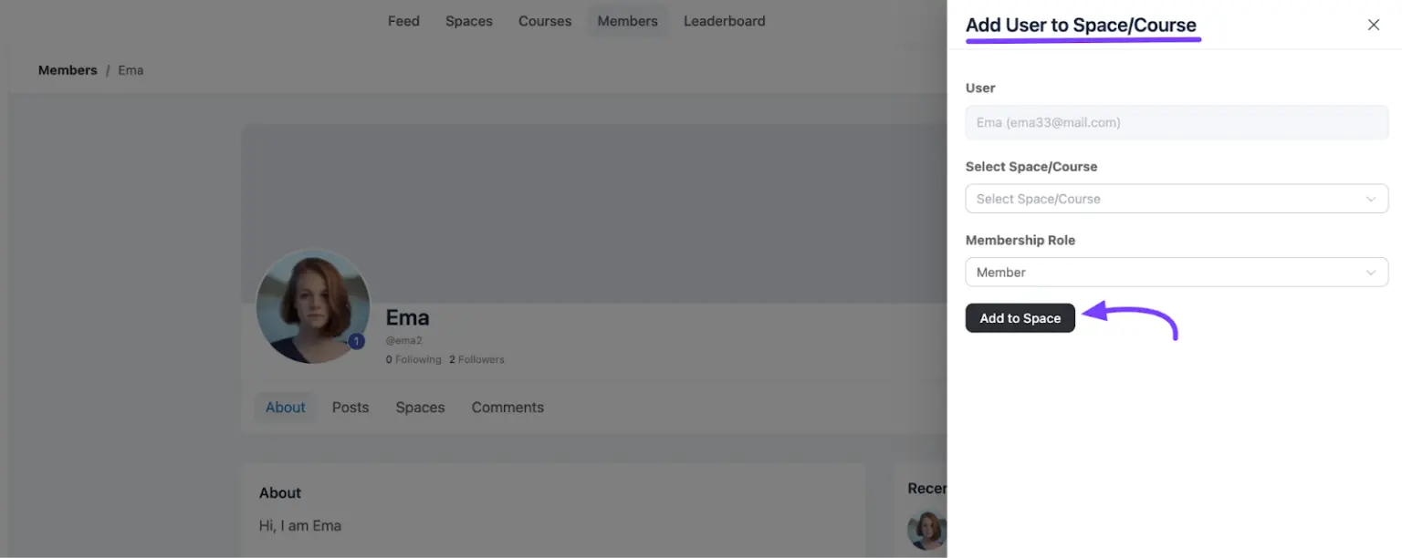 The Add User to Spaces/Courses modal with space and role dropdowns