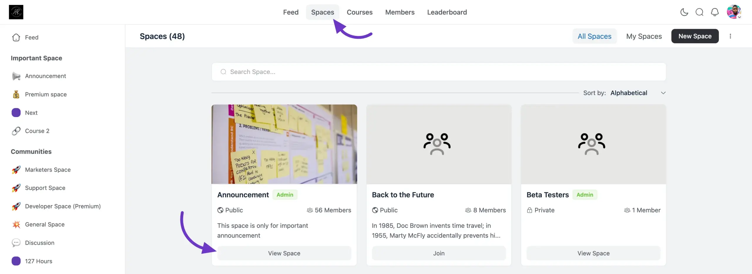 Finding a Space and clicking View Space