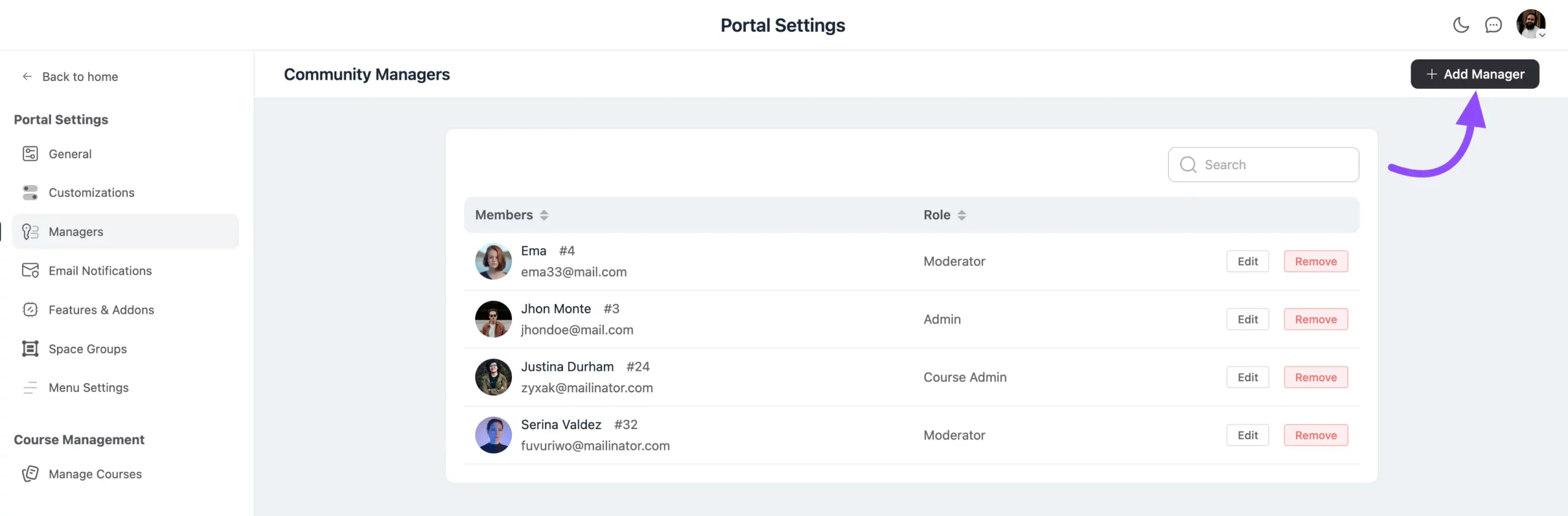 The Managers page with the Add Manager button
