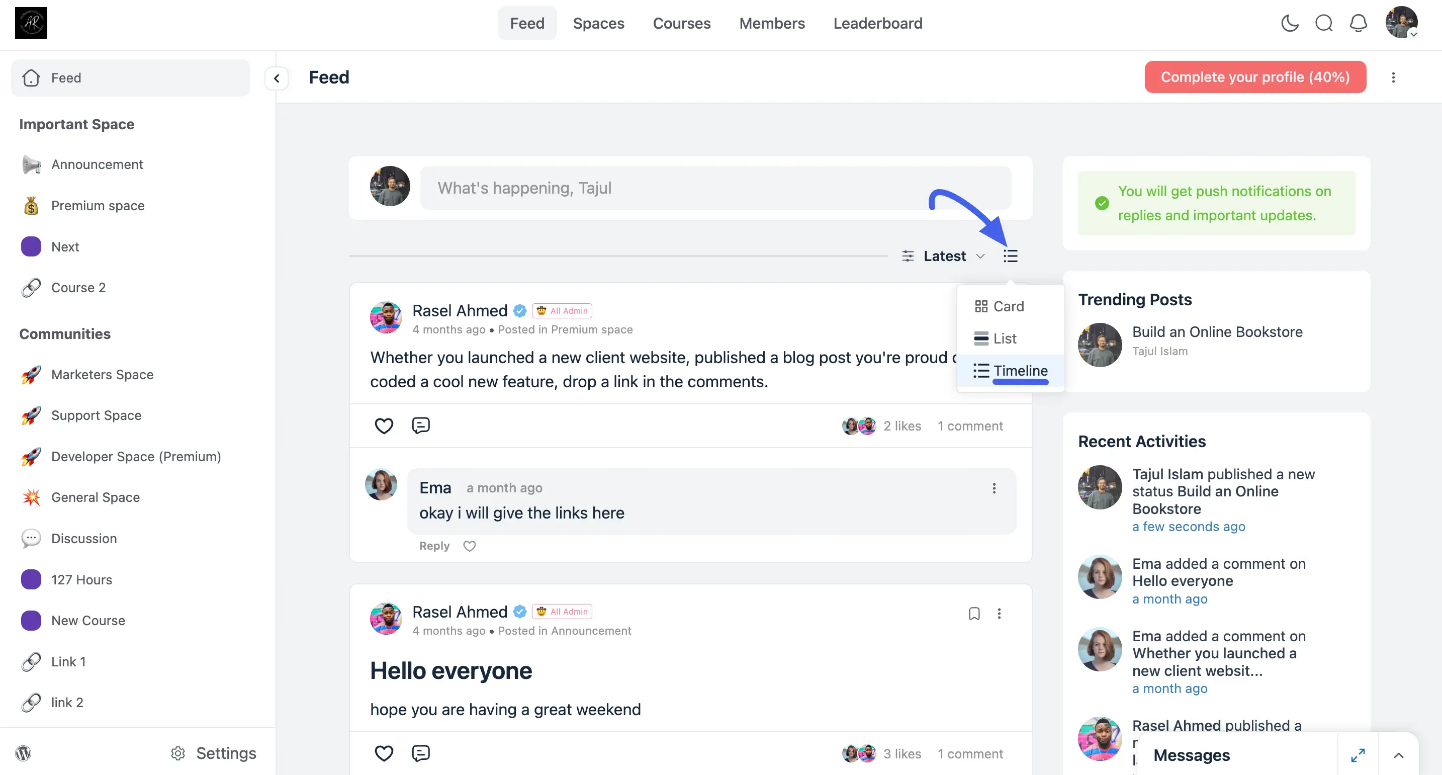 Timeline View layout of the activity feed, showing an expanded post with a threaded reply beneath it