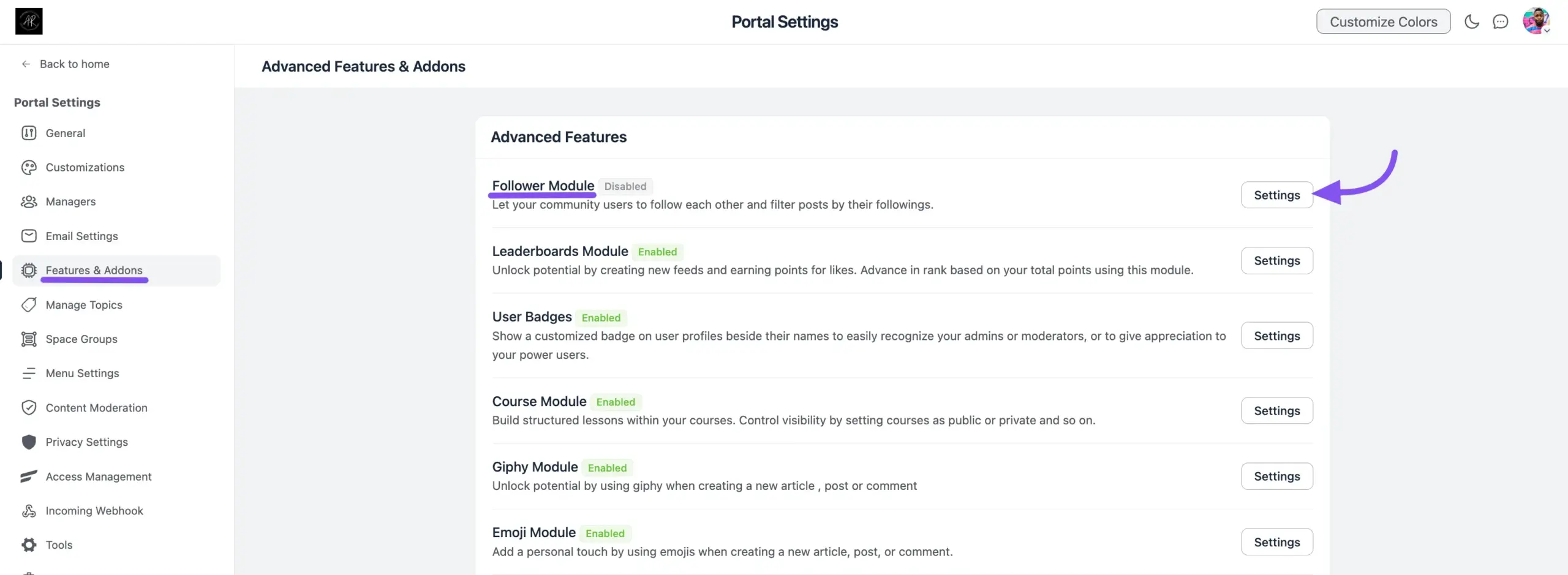 The Features & Addons tab with the Follower Module settings button