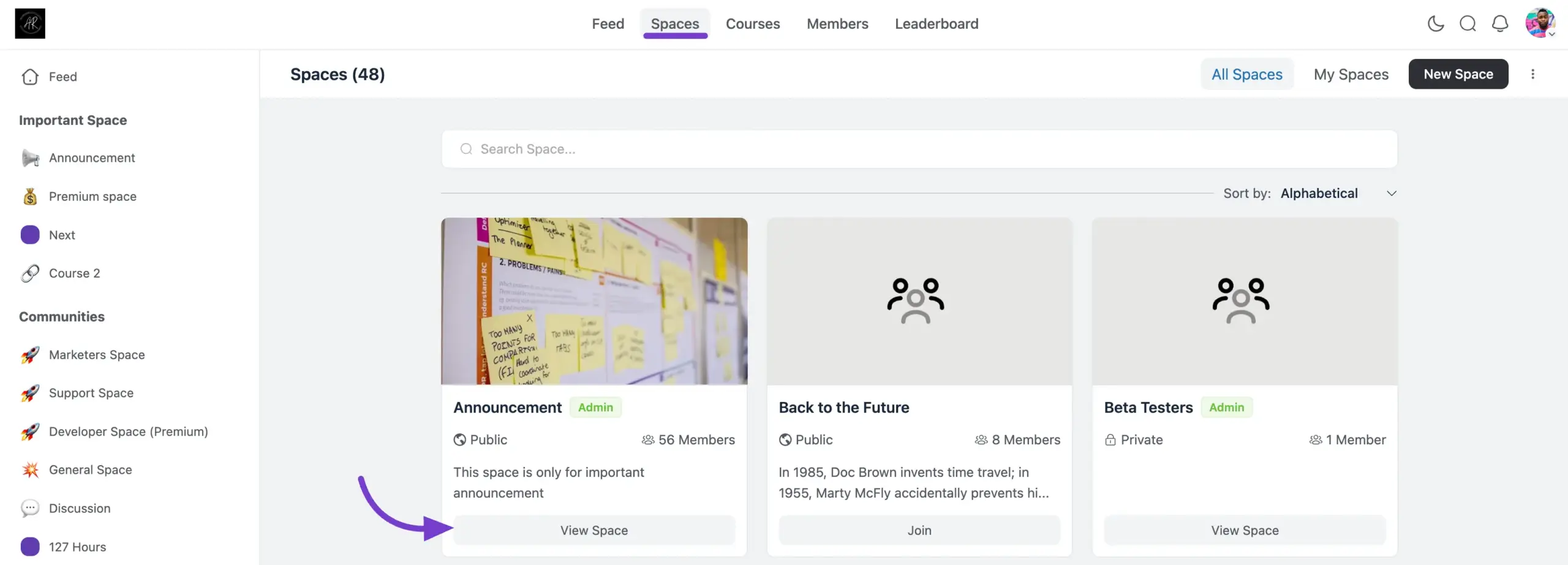 The Spaces page with the View Space button