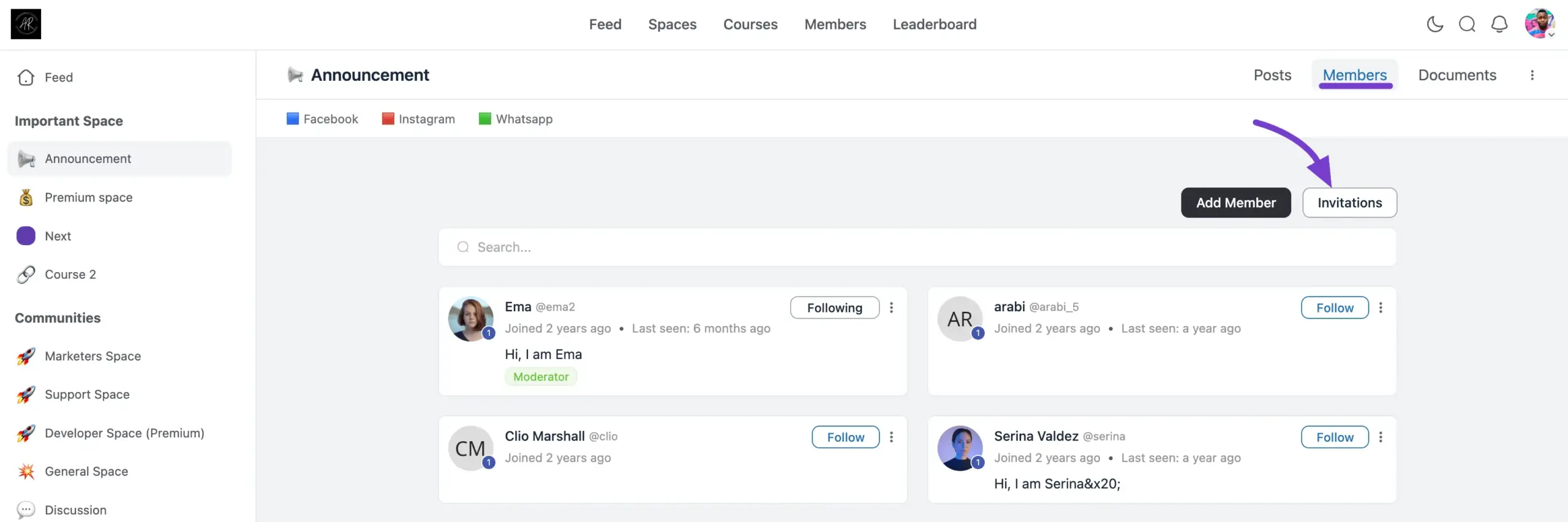 The Members tab with the Invitations button