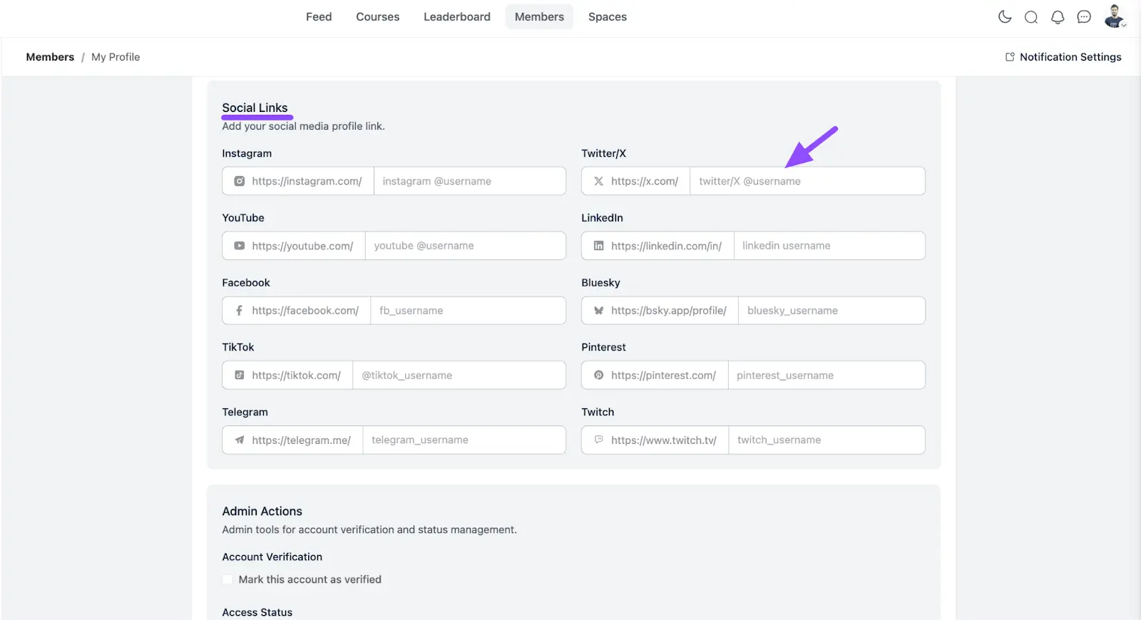 Entering a username or profile URL for each platform