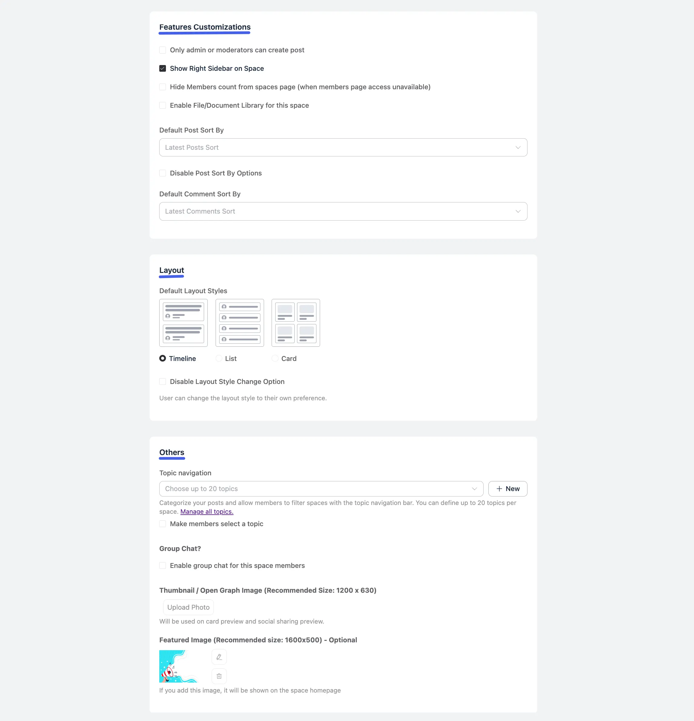 Space Features, Layout, and Others settings