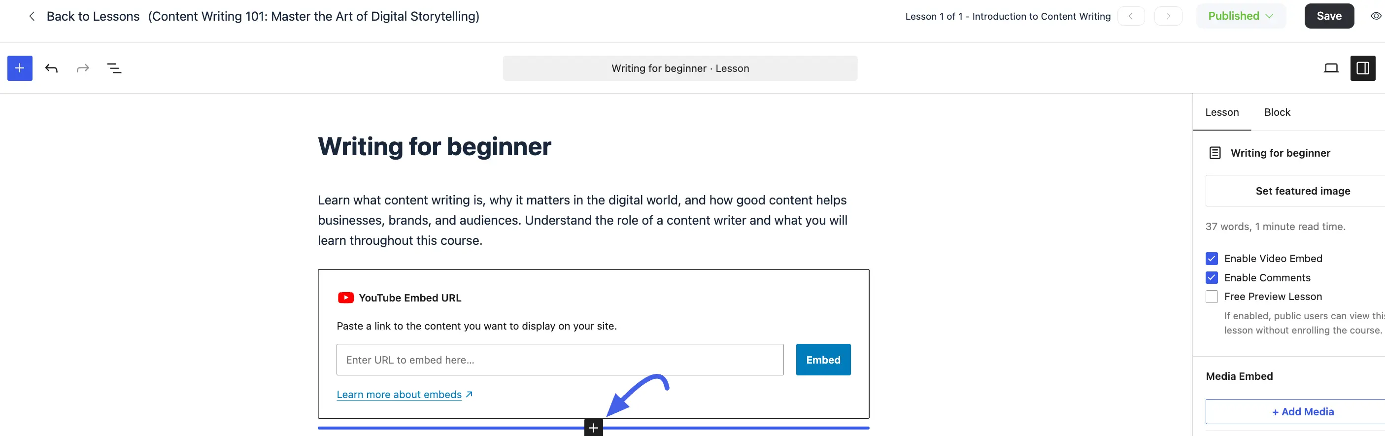 Adding a YouTube video to a lesson via the Media Embed panel
