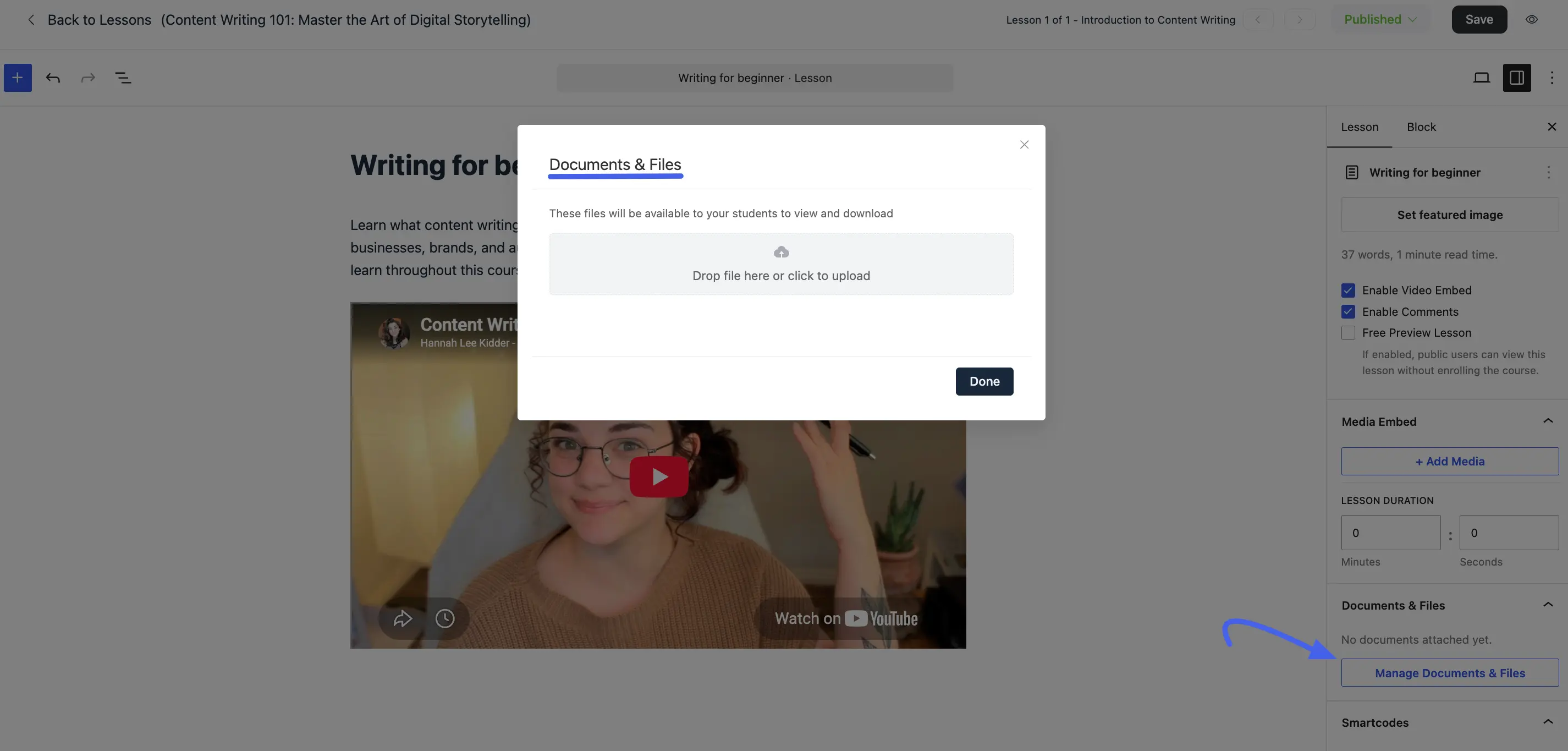 The Documents & Files upload pop-up in the lesson editor