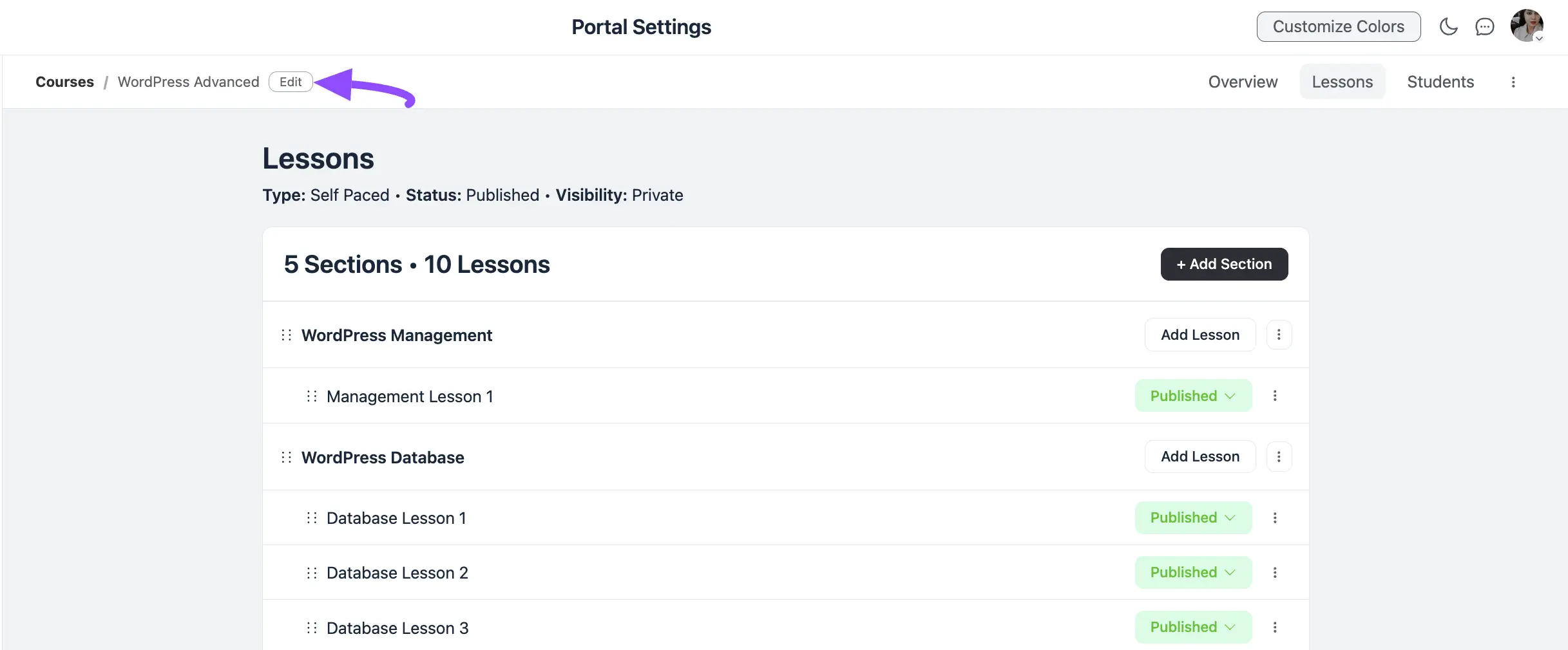 The Edit button in the top-left corner of the course builder