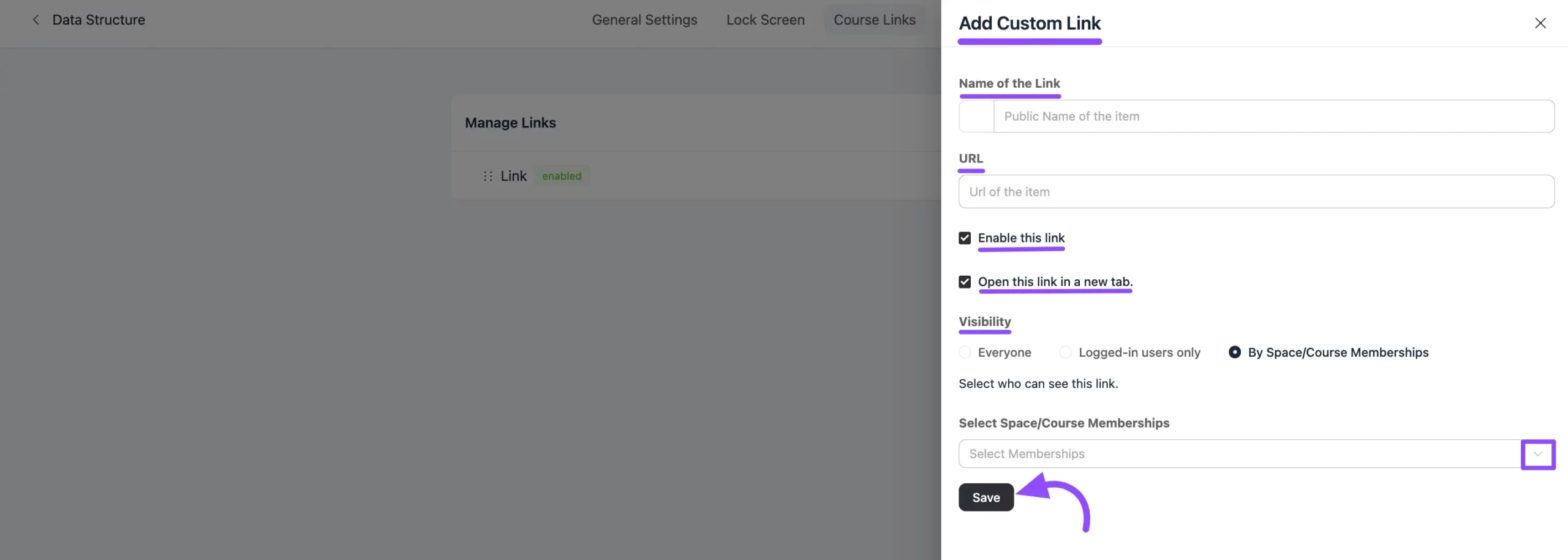 The Add New Link popup with link details