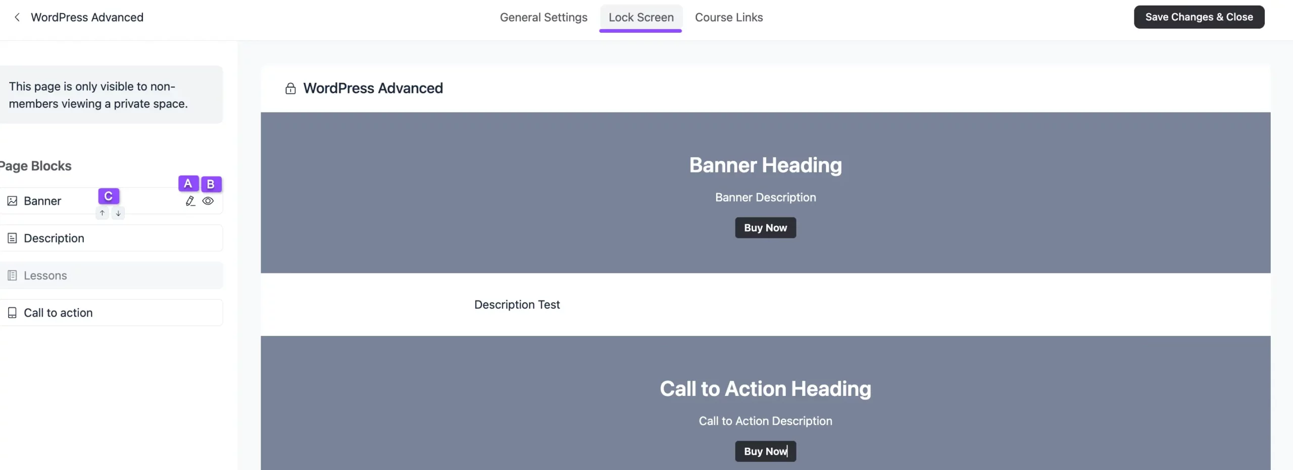 Lock screen customization options in the Page Blocks sidebar