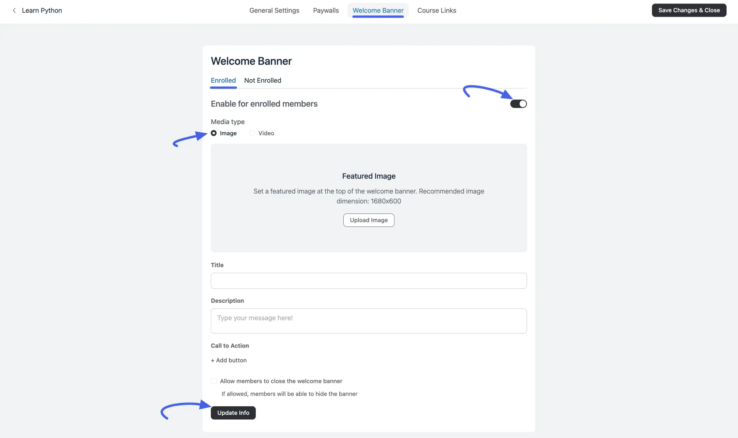 The Enrolled tab with an uploaded banner image