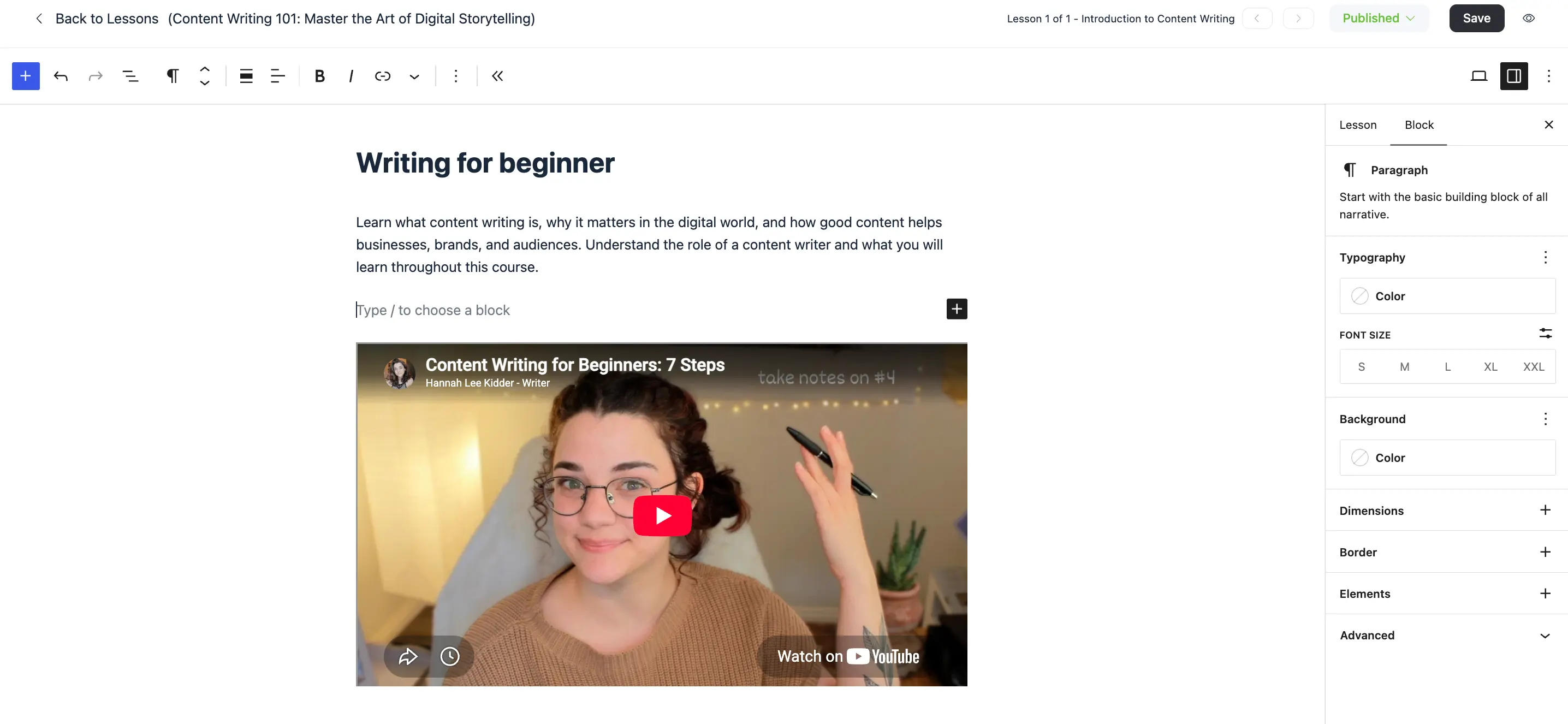 The lesson content editor with a paragraph block and an embedded video