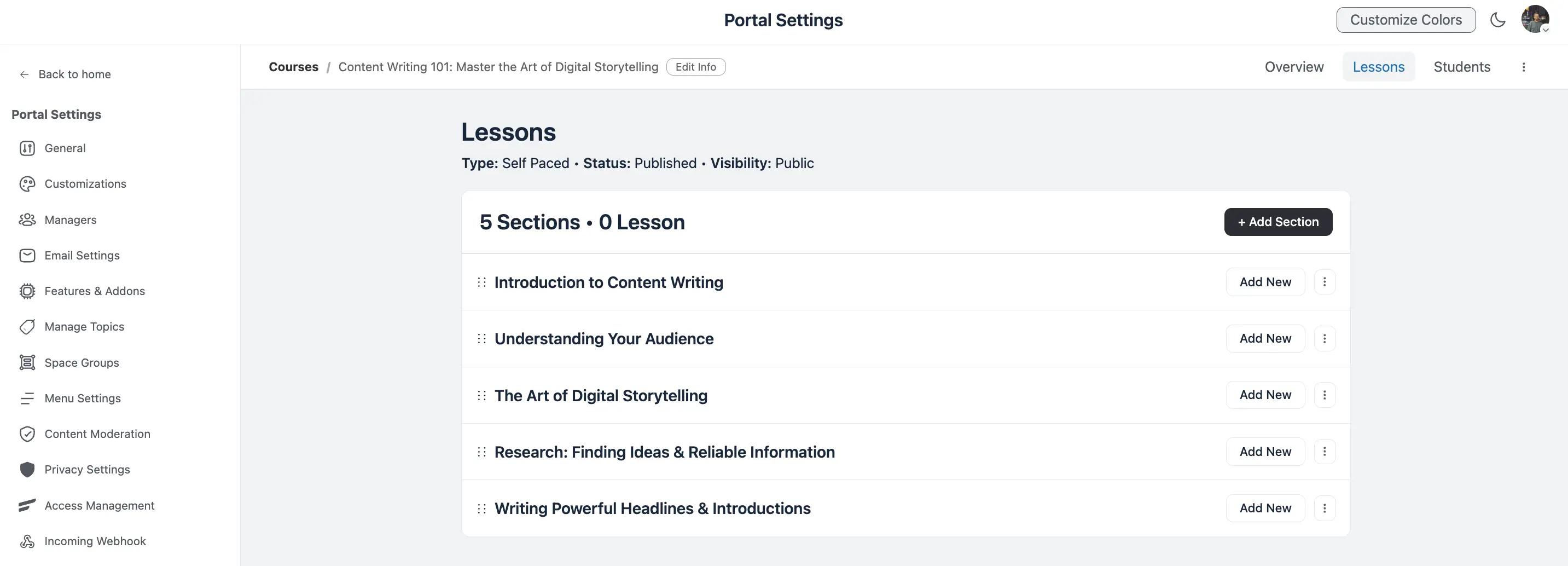 The Lessons screen showing a course's sections