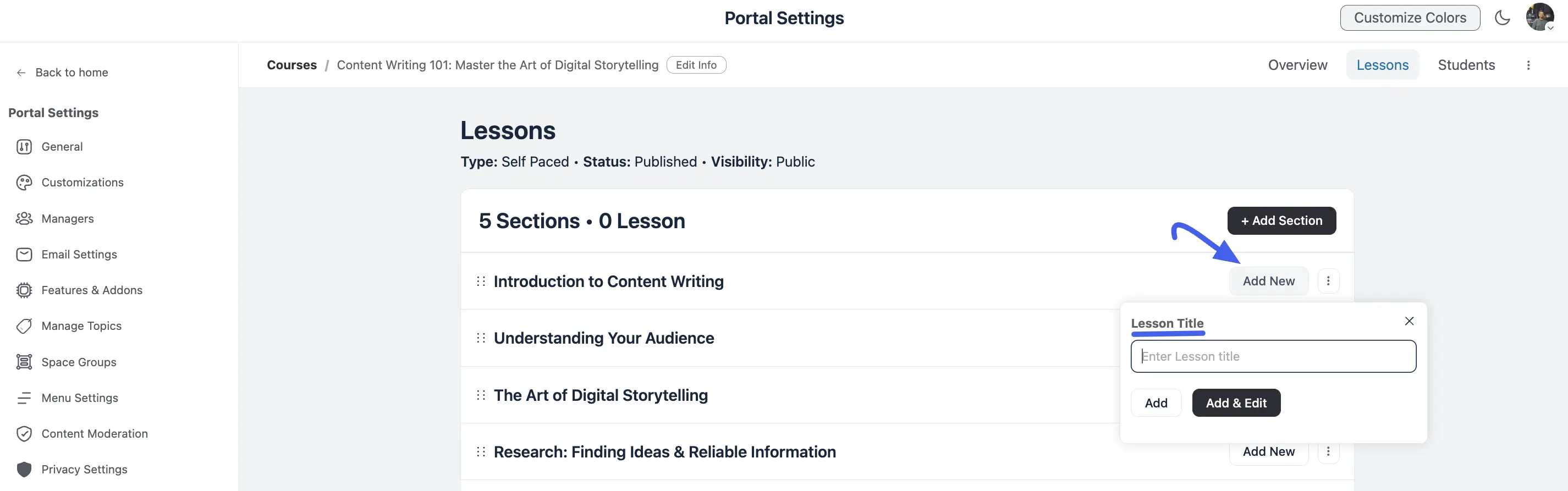 The Add Lesson popup with the Lesson Title field, Add and Add & Edit buttons