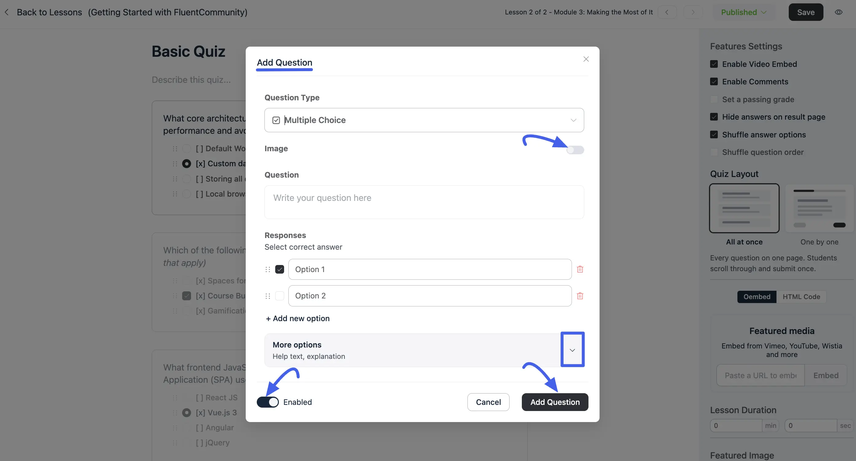 The Add Question form for a Multiple Choice question, with the Image toggle, More options section, and Enabled toggle highlighted
