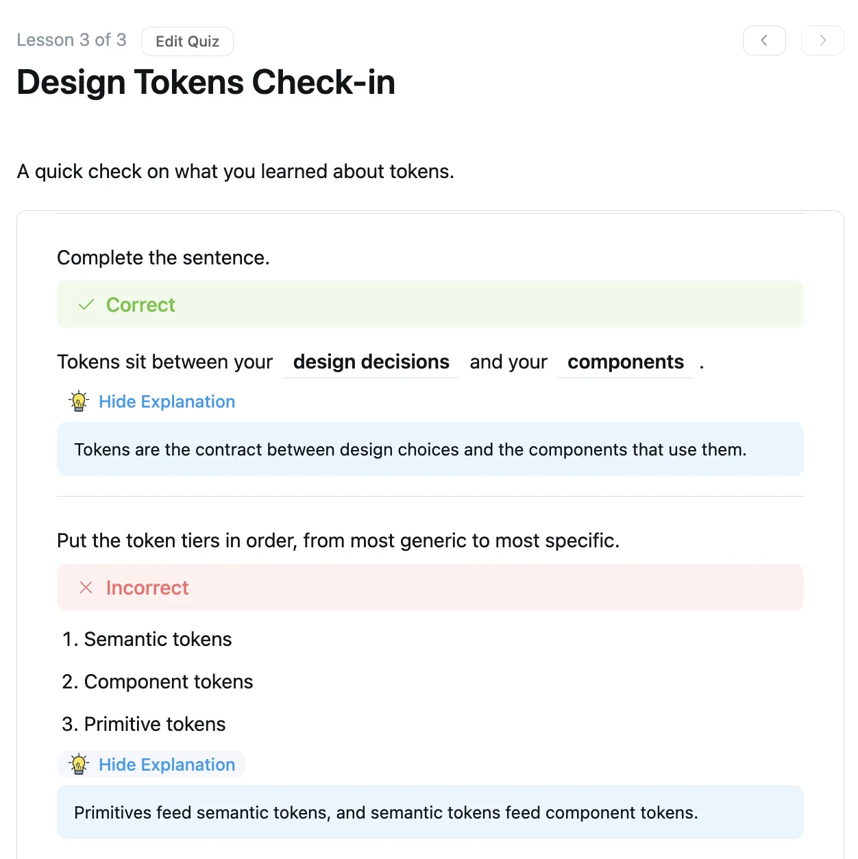 A quiz result page with an expanded explanation shown below a Fill in the Blank question