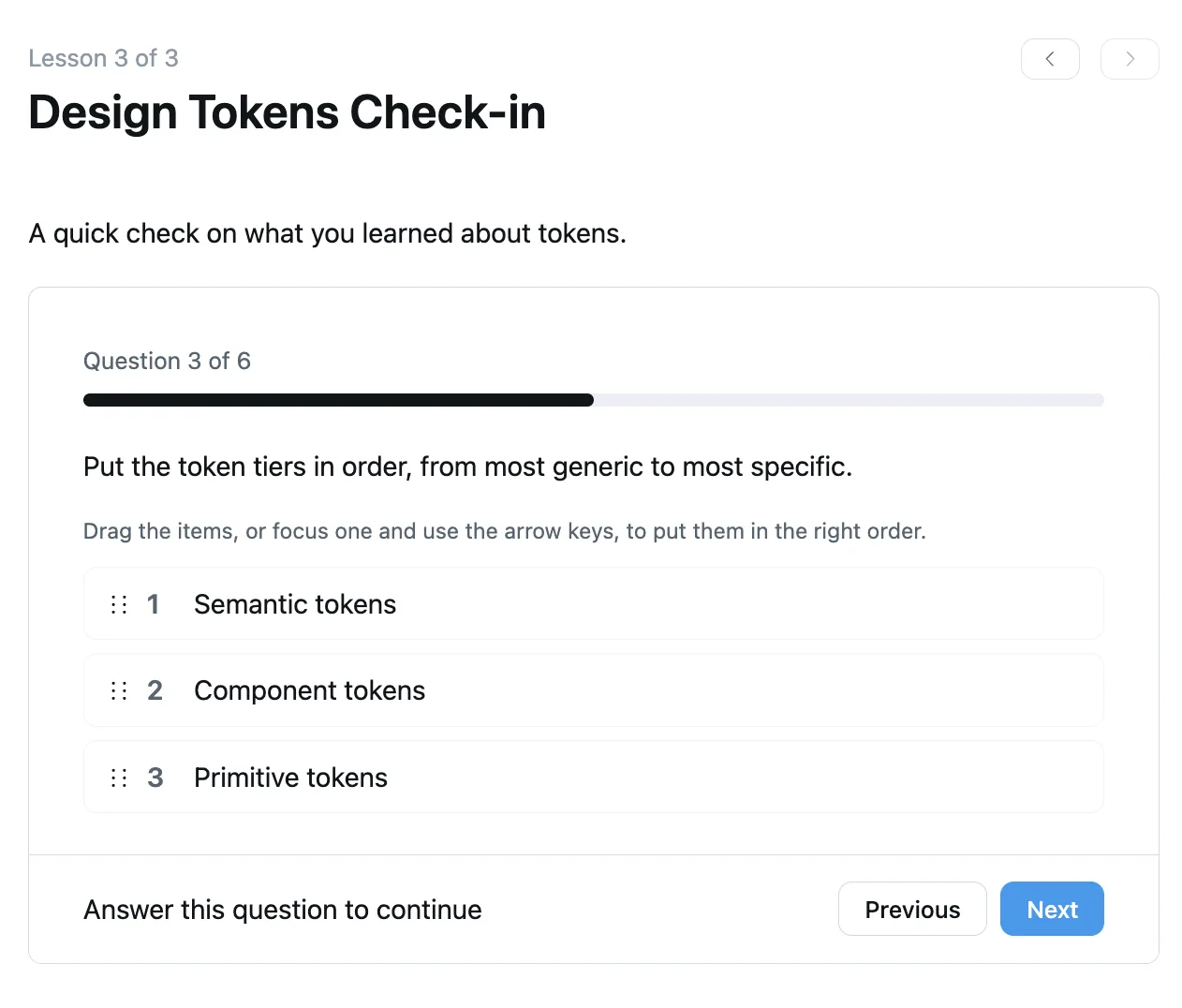A quiz in the one-by-one layout showing question 3 of 6, a progress bar, and an ordering question with Previous and Next buttons