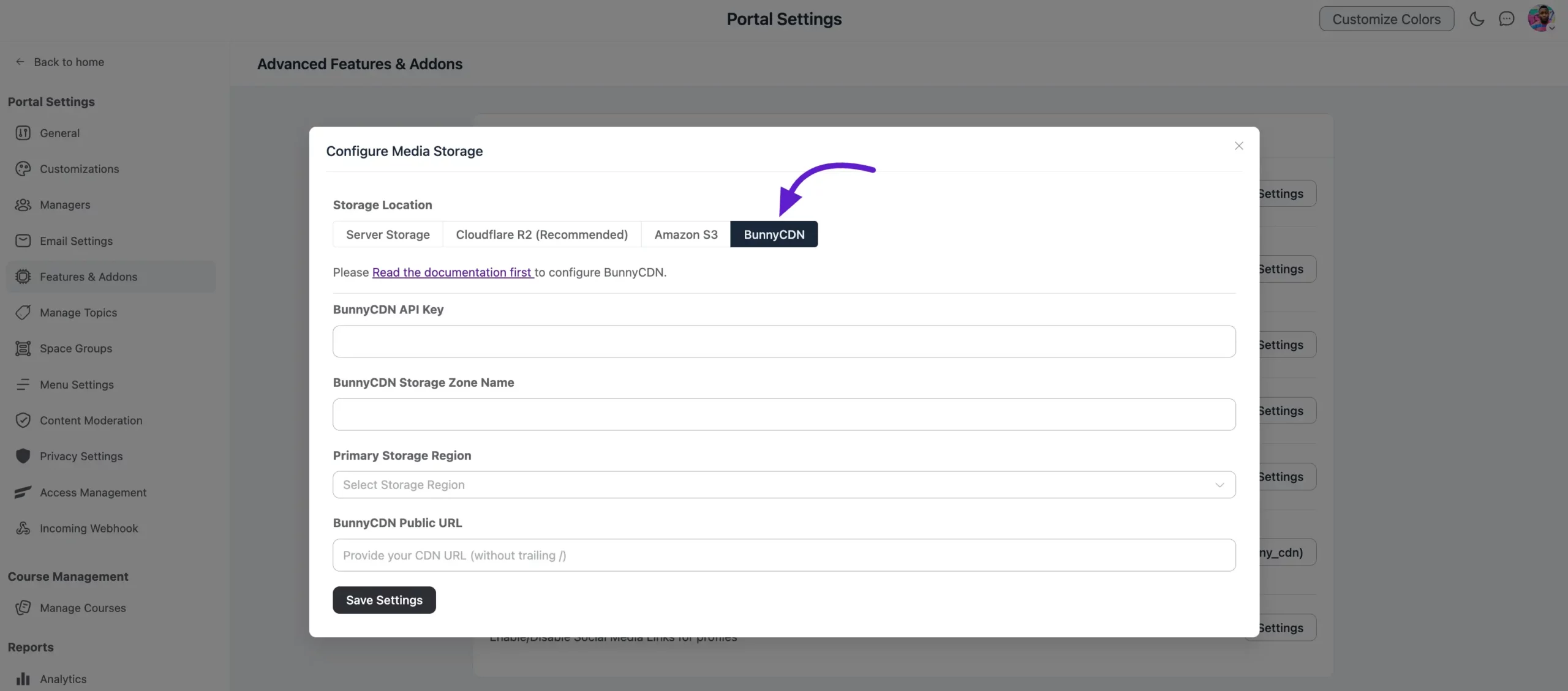 The BunnyCDN configuration pop-up requesting API credentials