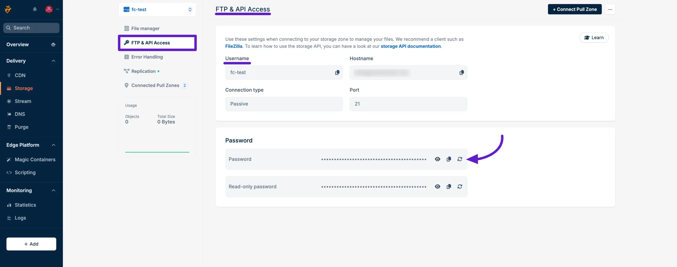 The FTP & API Access tab showing the Username and Password