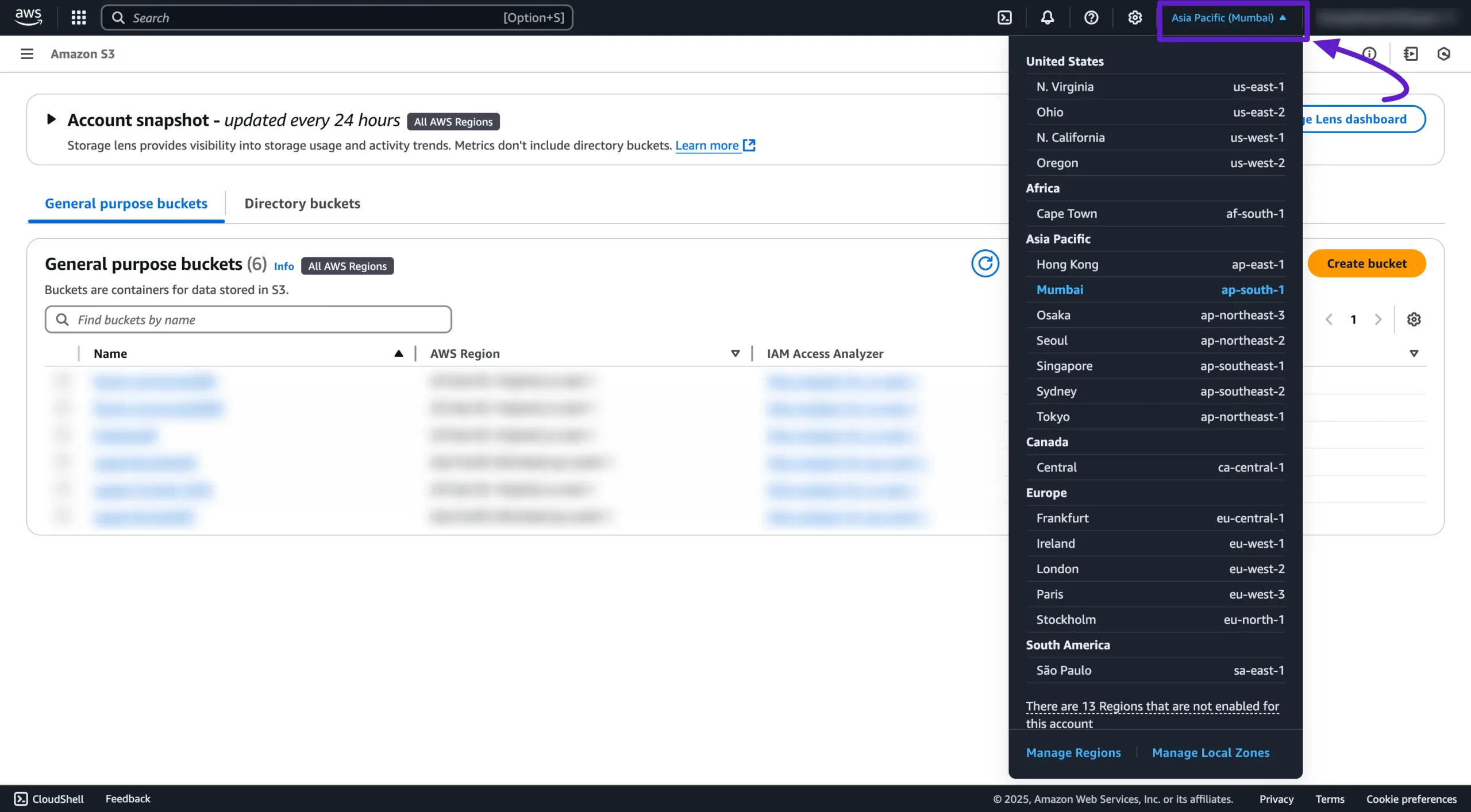 Selecting an AWS region from the console dropdown