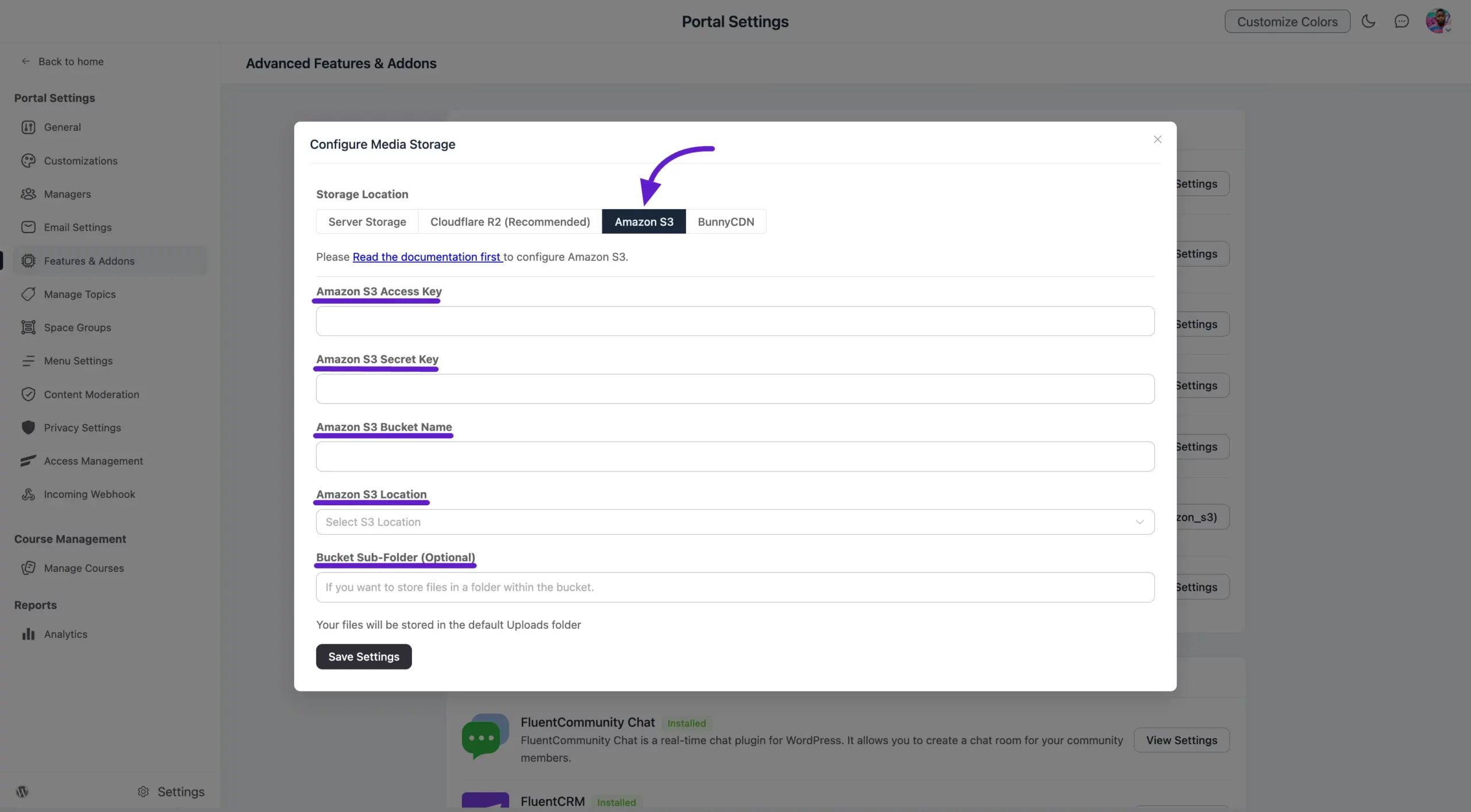 The Amazon S3 credential fields in the Media Module