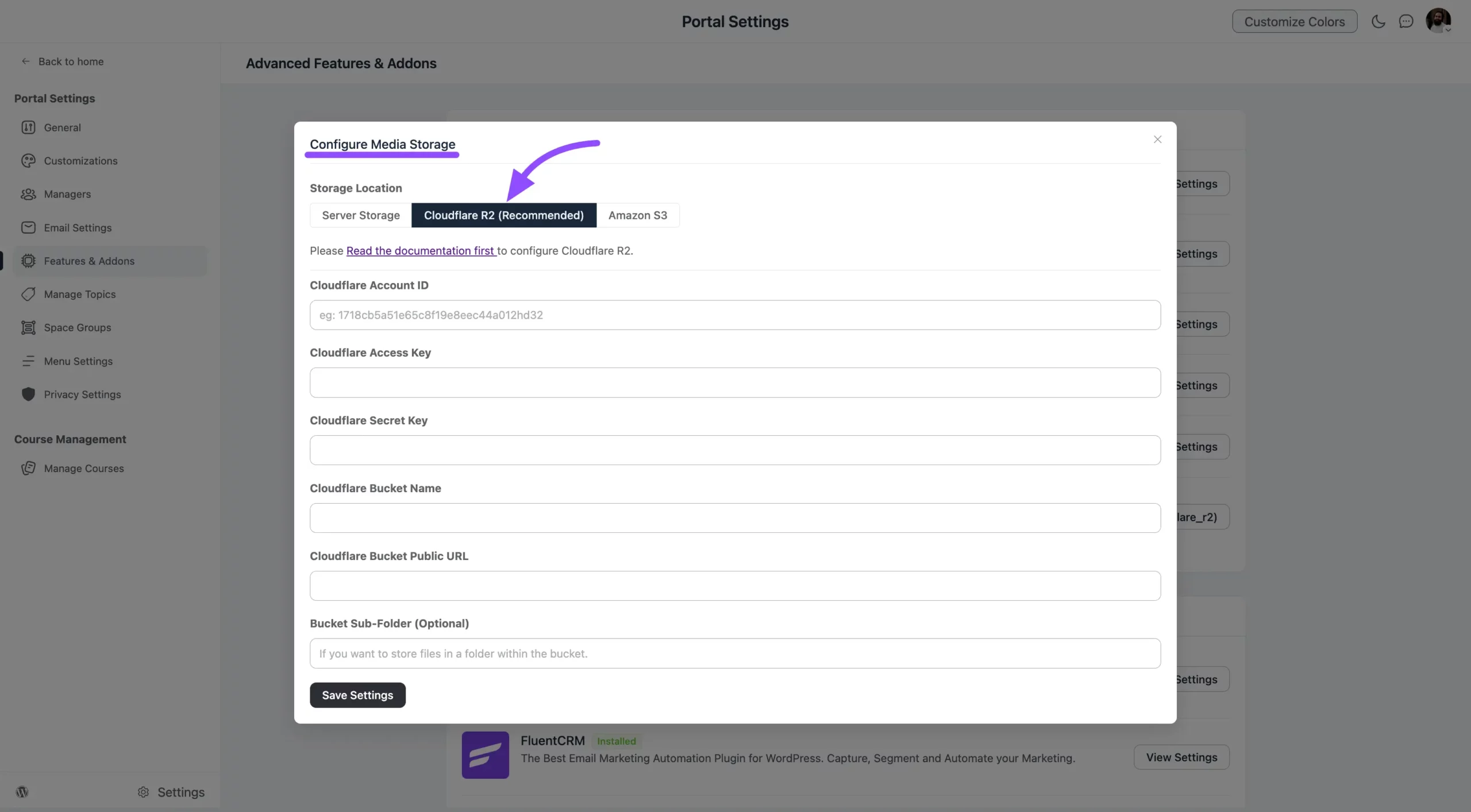 The completed Cloudflare R2 configuration in FluentCommunity