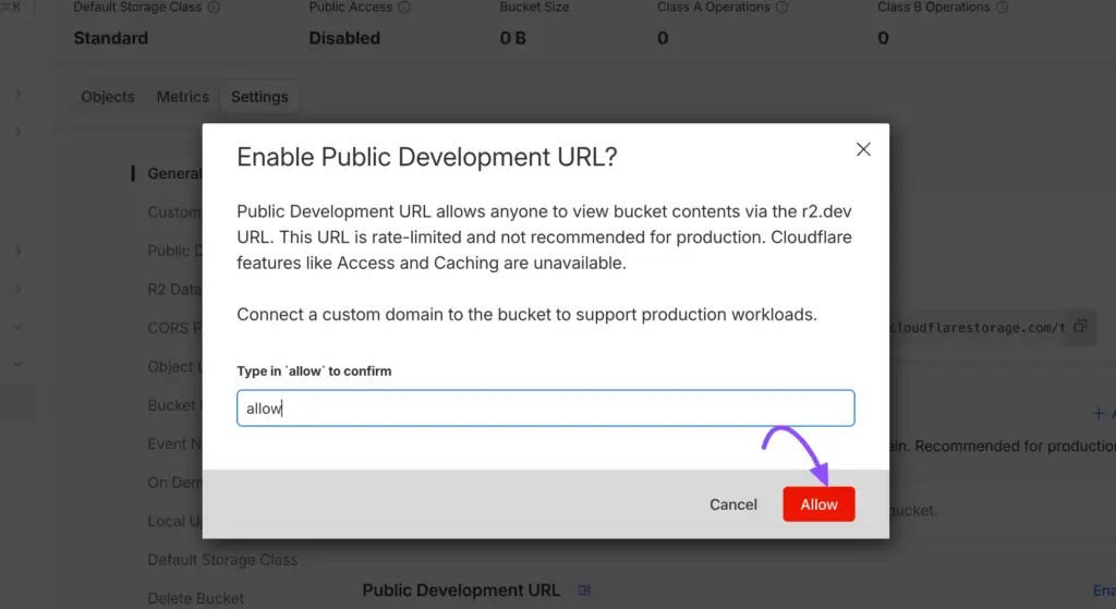 Typing allow to confirm enabling the public development URL