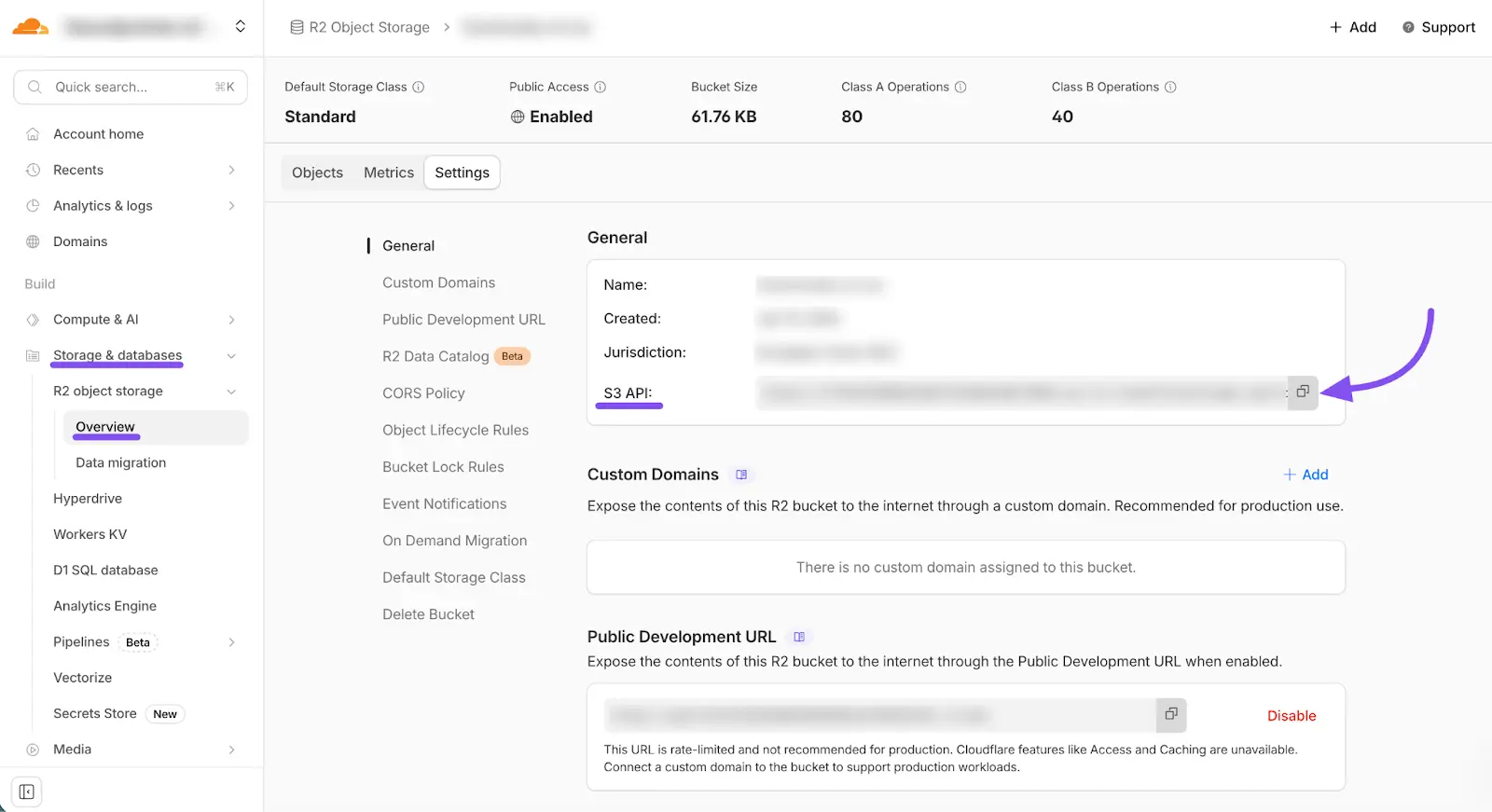 The S3 API endpoint URL in the bucket settings