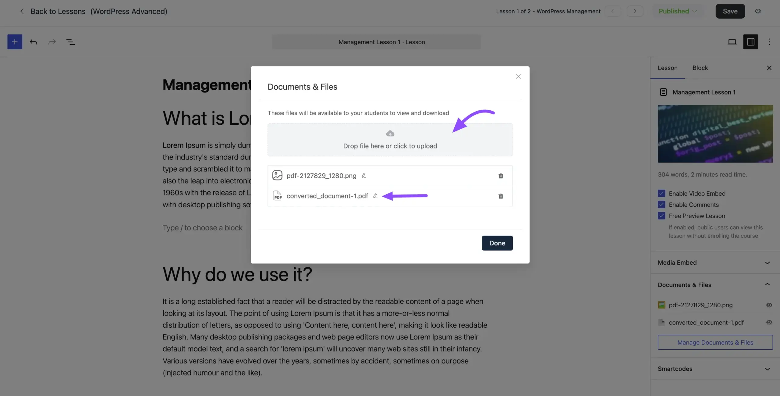 The Documents & Files upload panel with rename and delete icons