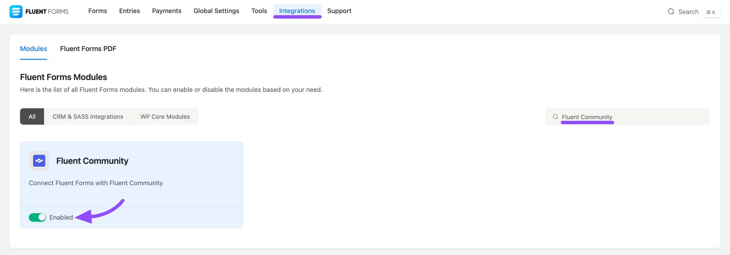 Enabling the FluentCommunity module in Fluent Forms