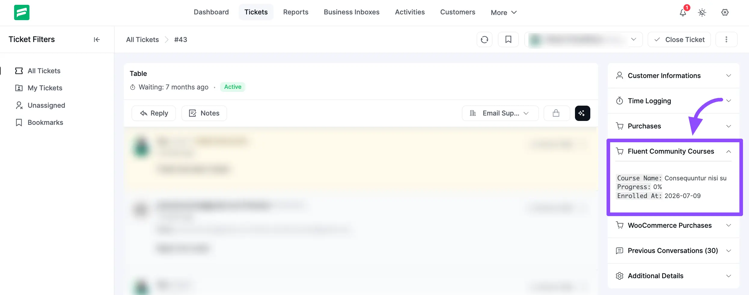 The FluentCommunity widget in the Fluent Support ticket view
