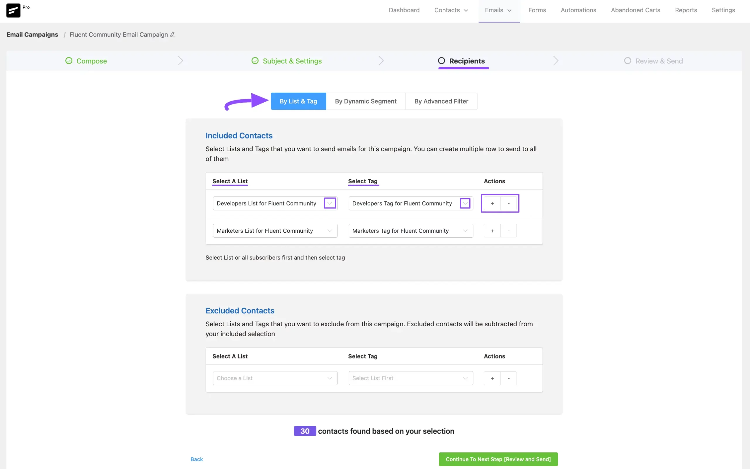 Selecting recipients by List/Tag filter