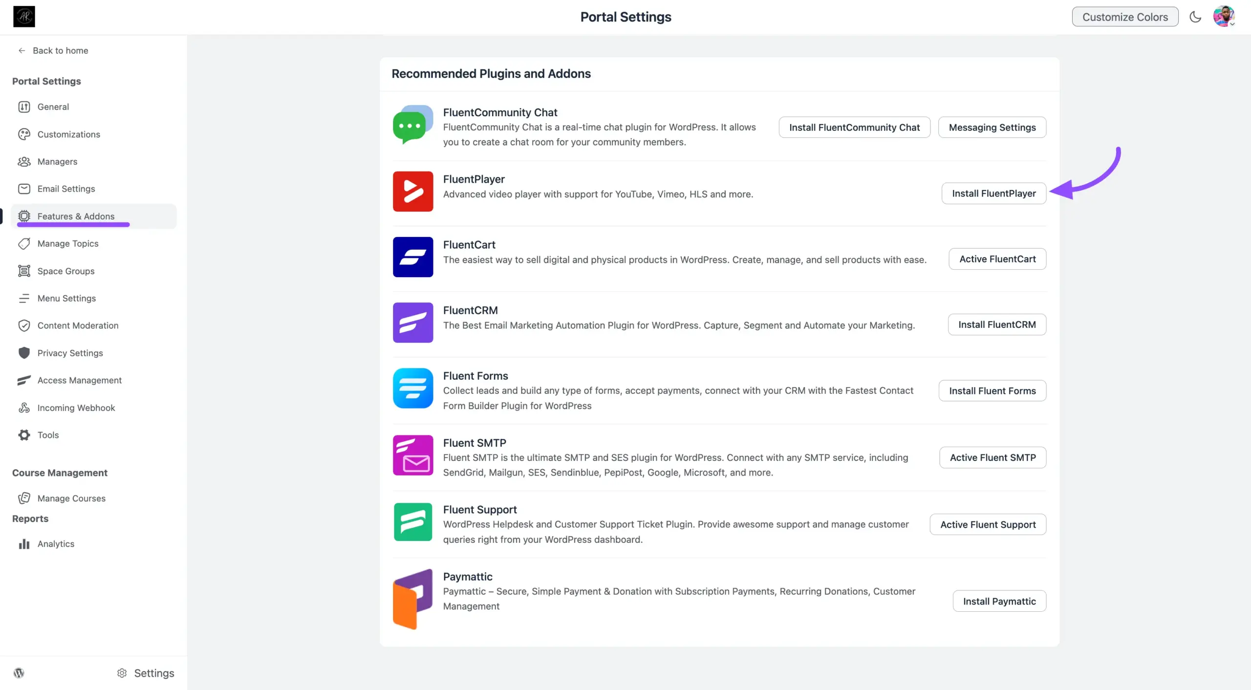 The FluentPlayer module in the FluentCommunity Features & Addons settings