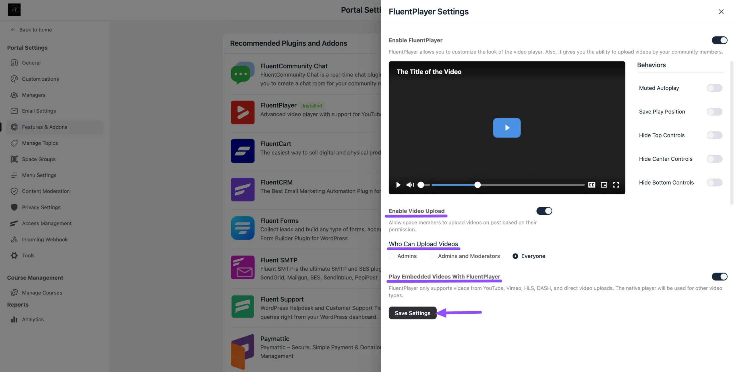 FluentPlayer video upload and embed settings