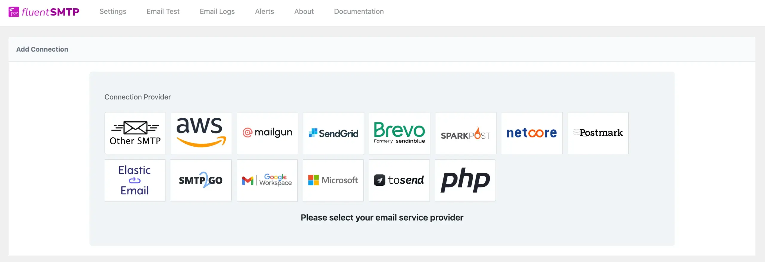 The FluentSMTP connection screen listing the configured mailer
