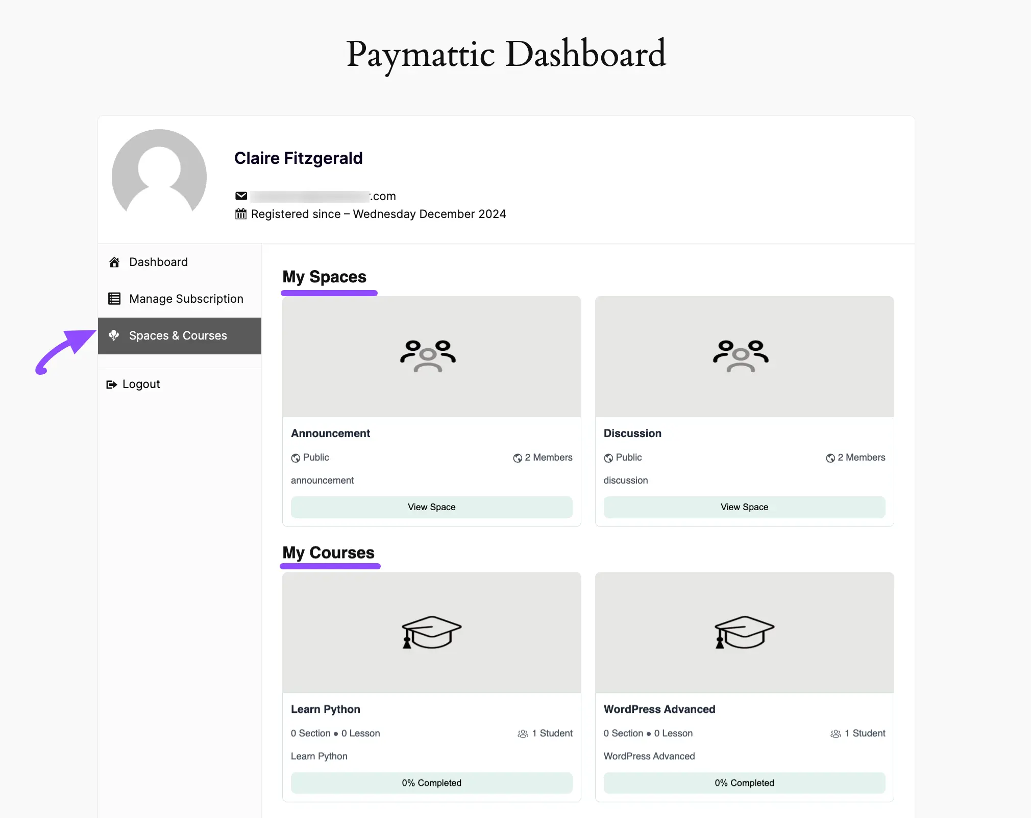 The Paymattic User Dashboard showing Spaces & Courses