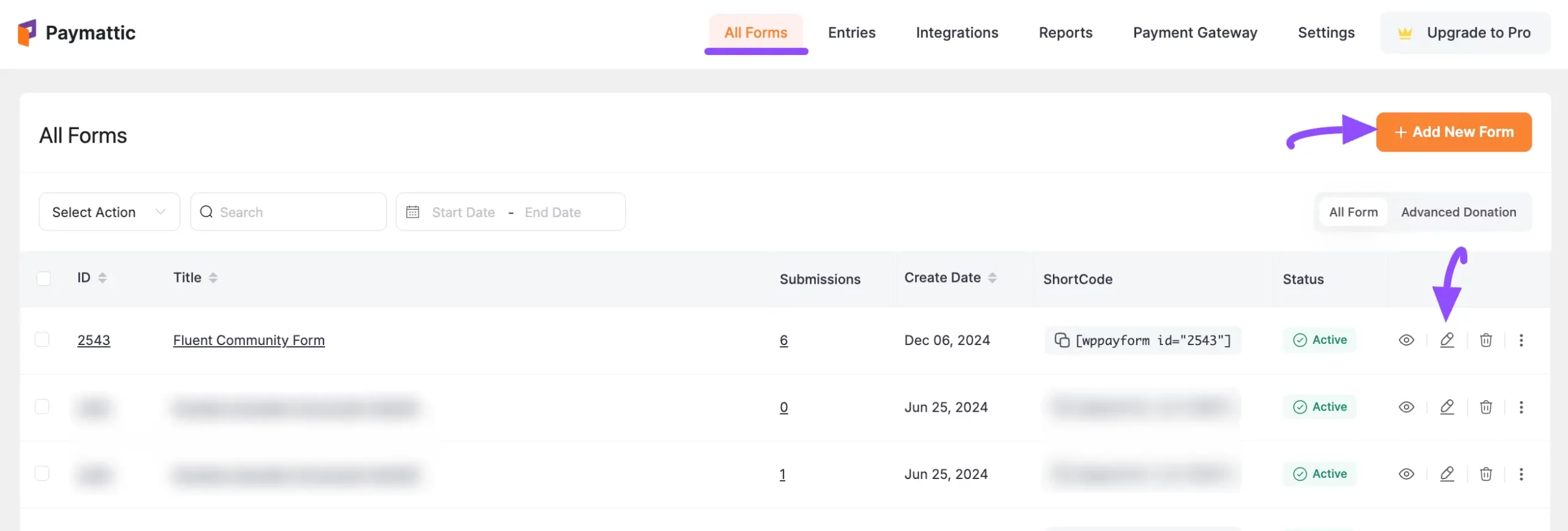 Opening the desired form in Paymattic
