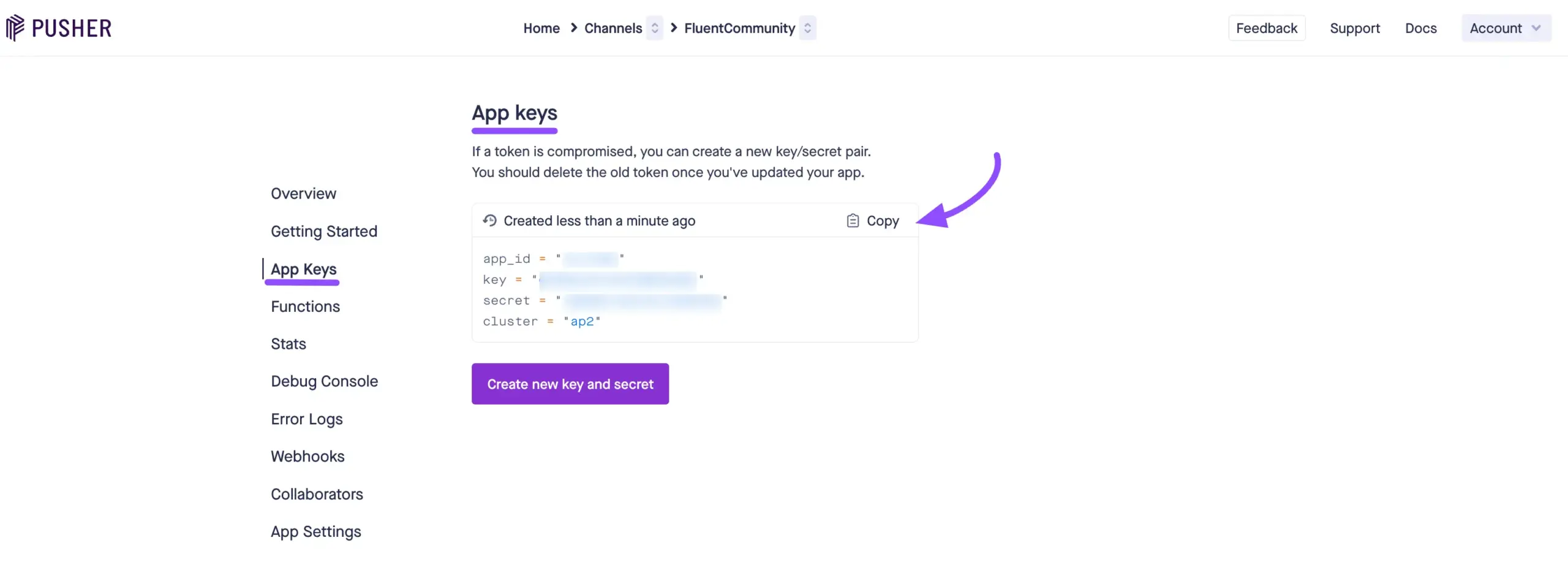 The Pusher App Keys tab showing the app credentials
