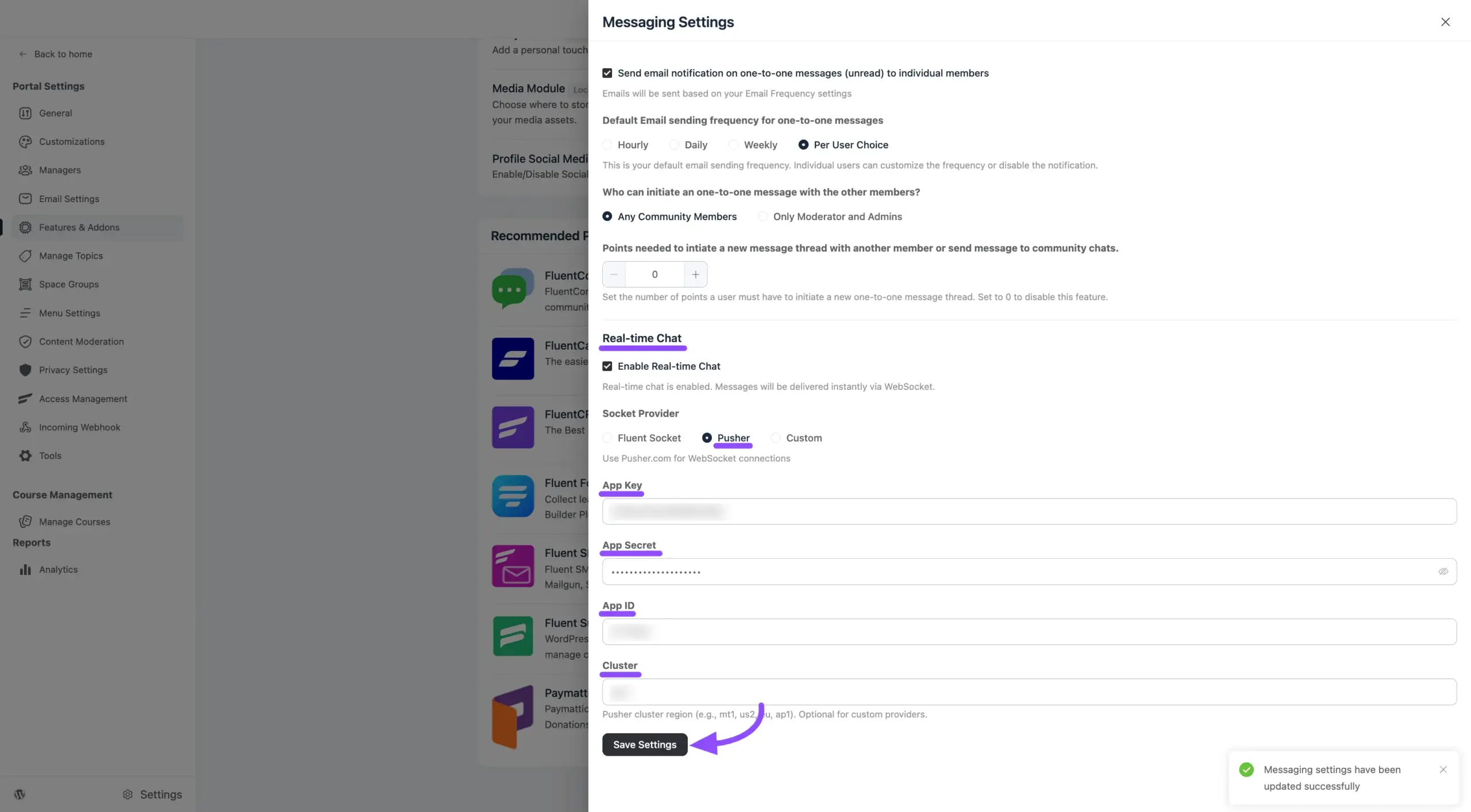 The FluentCommunity messaging settings with Pusher selected as the driver