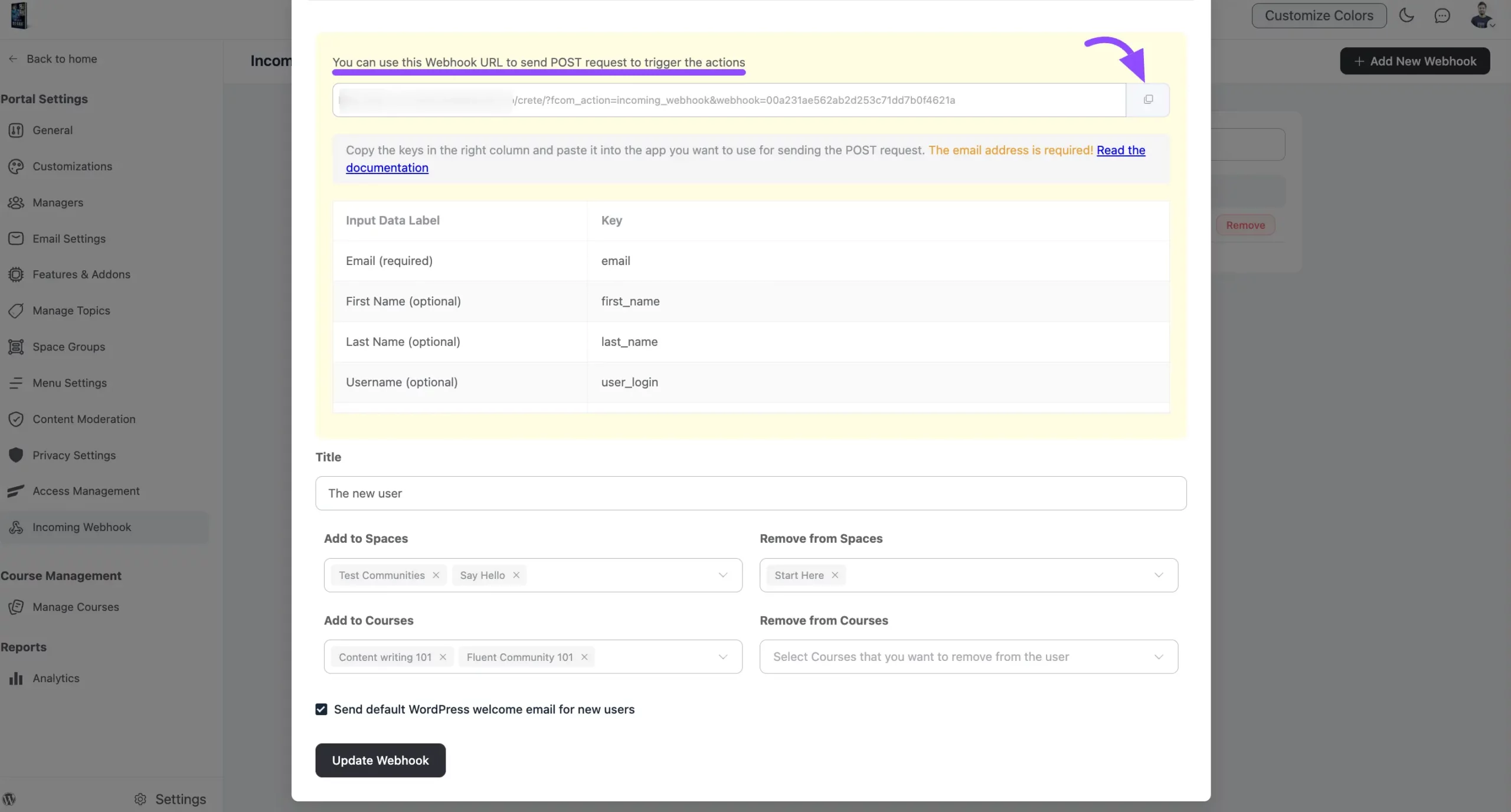 The generated Webhook URL