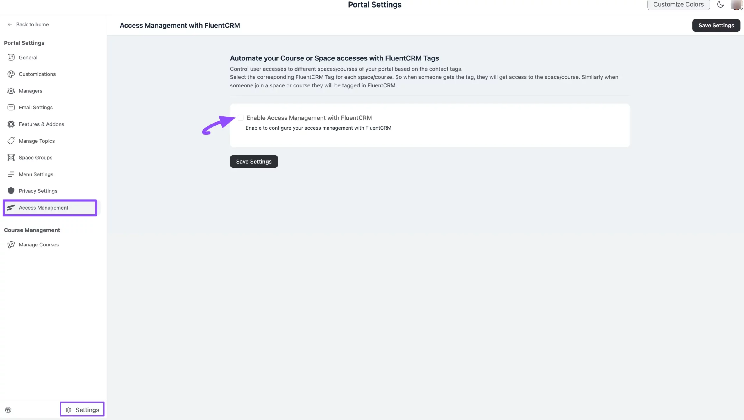 The Enable Access Management with FluentCRM option