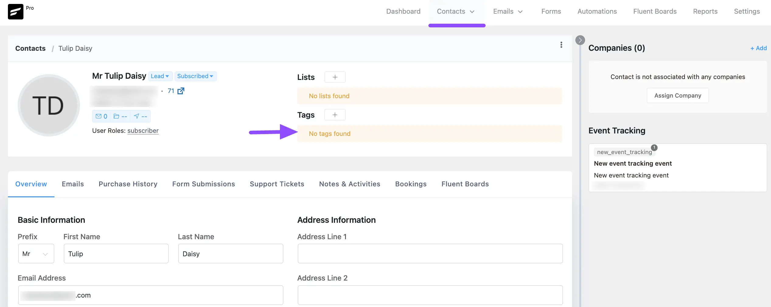 The New tag removed from a CRM contact