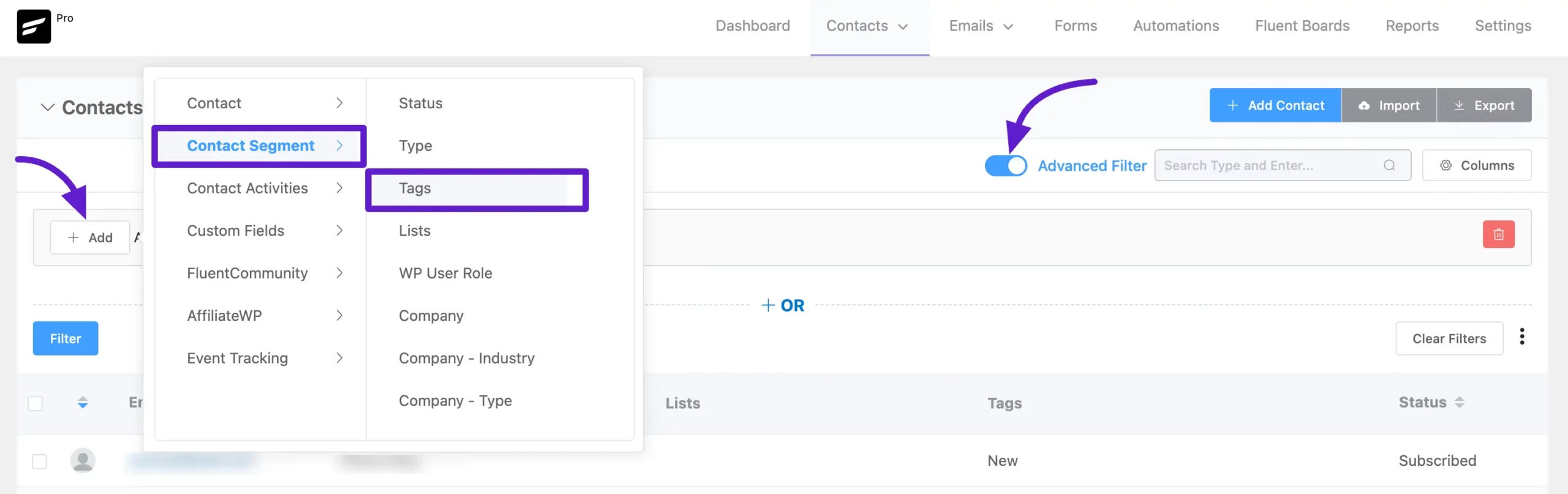 The FluentCRM Advanced Filter option for adding existing contacts