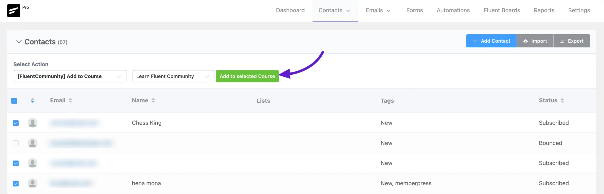 Confirming contacts added to the selected course