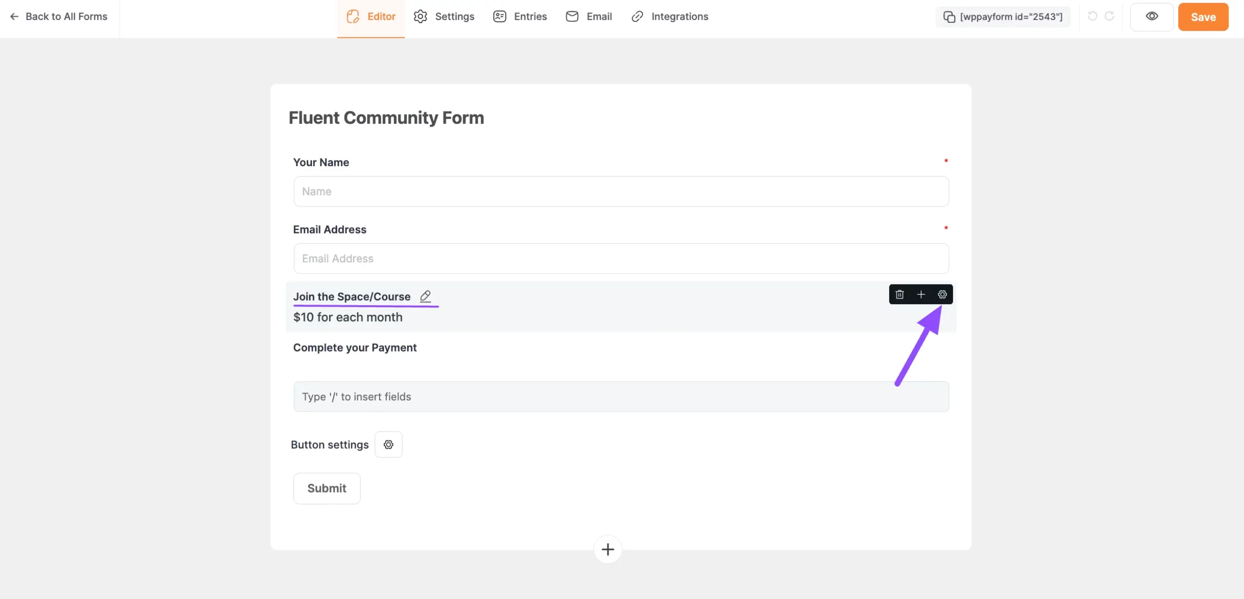 Paymattic form editor showing the subscription item field