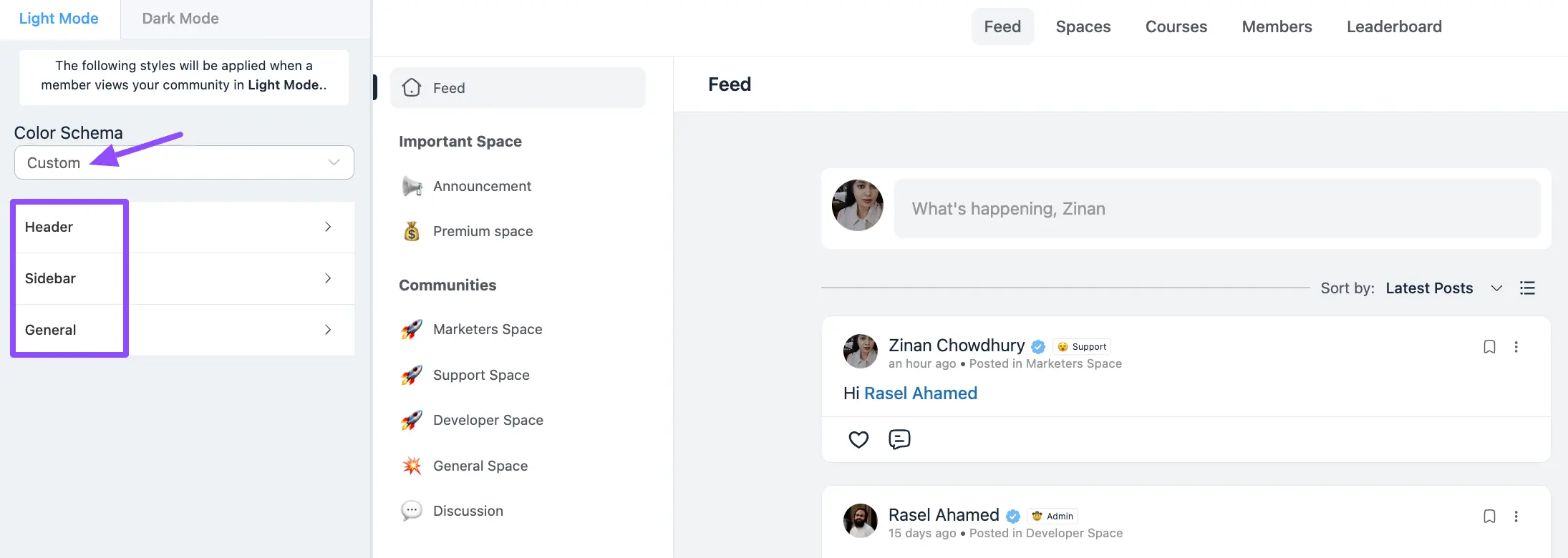 The three Custom color options: Header, Sidebar, and General