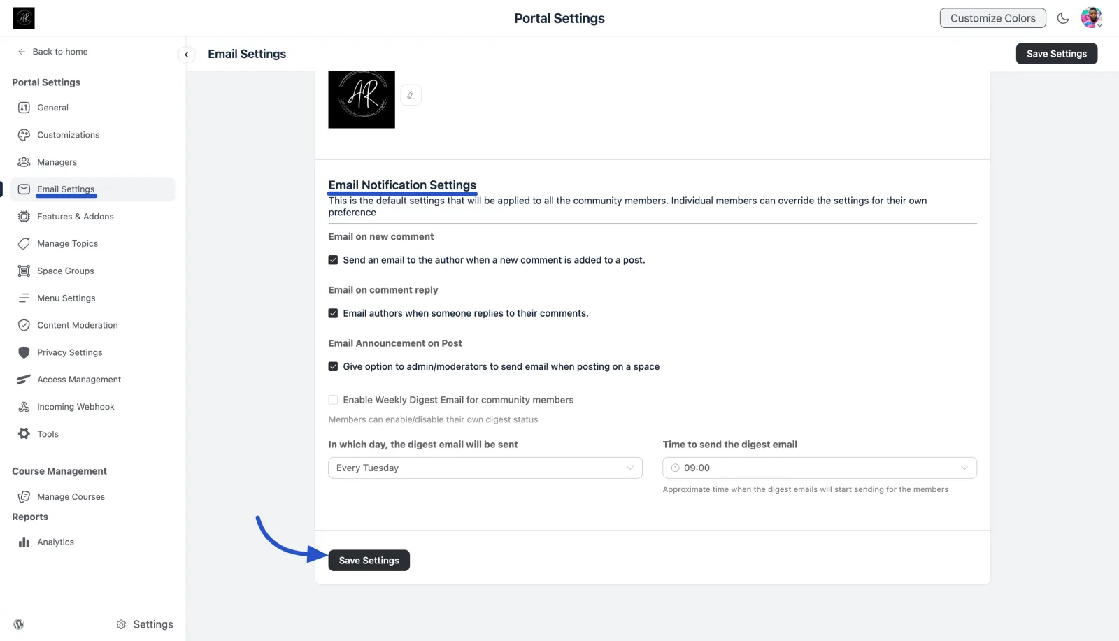 The Email Notification Settings section, with toggles for new comment, comment reply, and post announcement emails, plus the weekly digest schedule