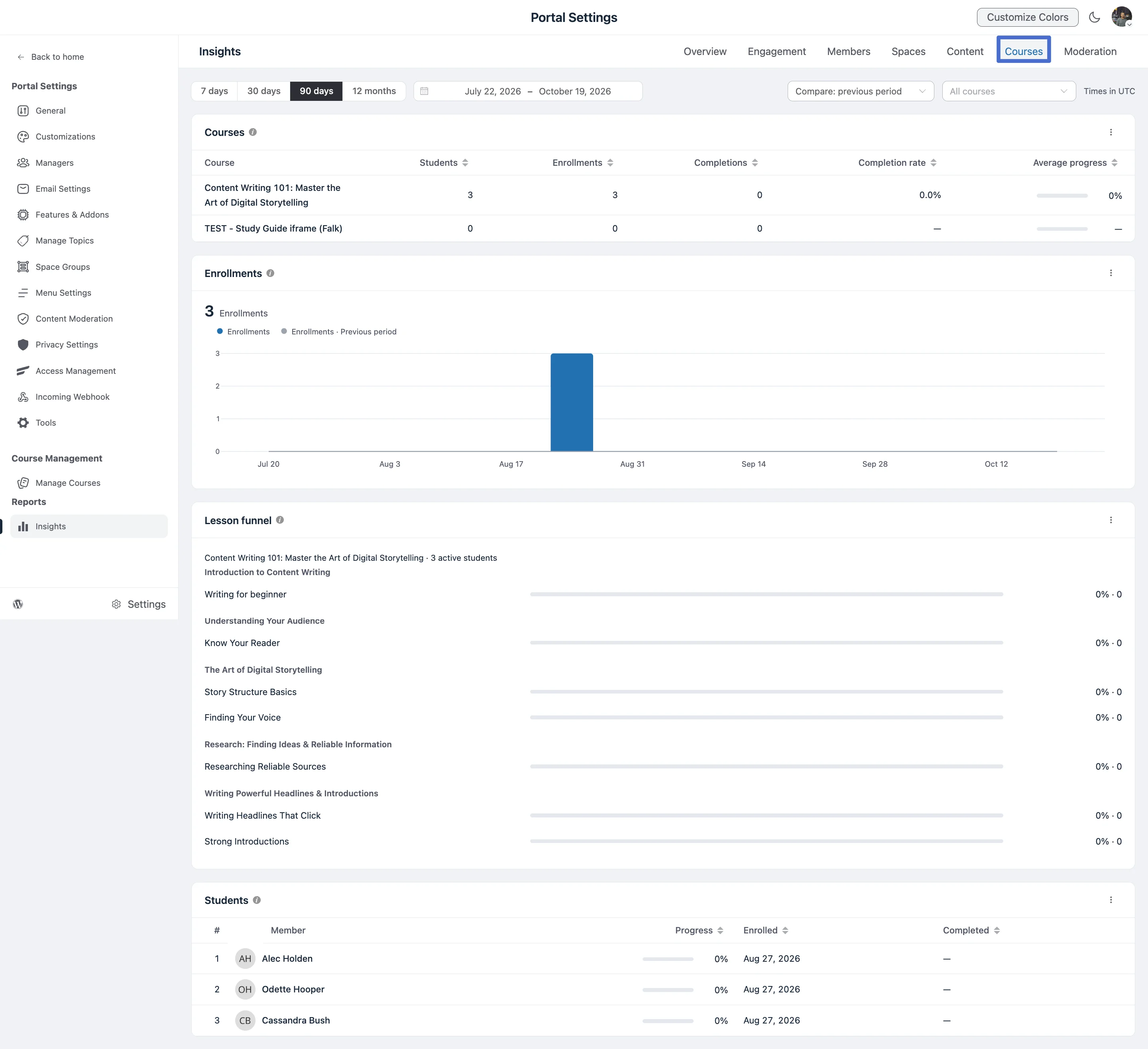 Courses page
