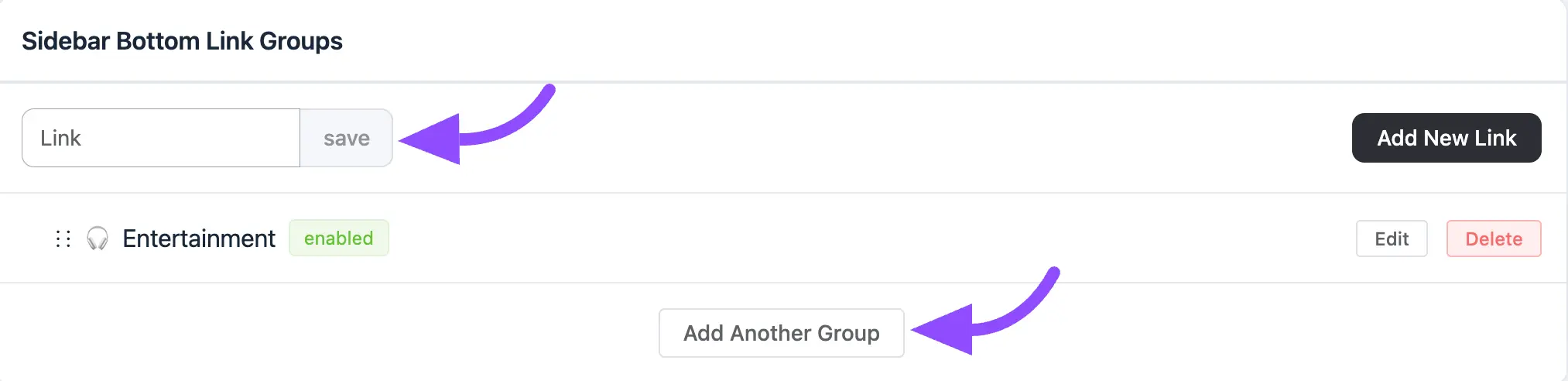 The Bottom Links section with grouped links